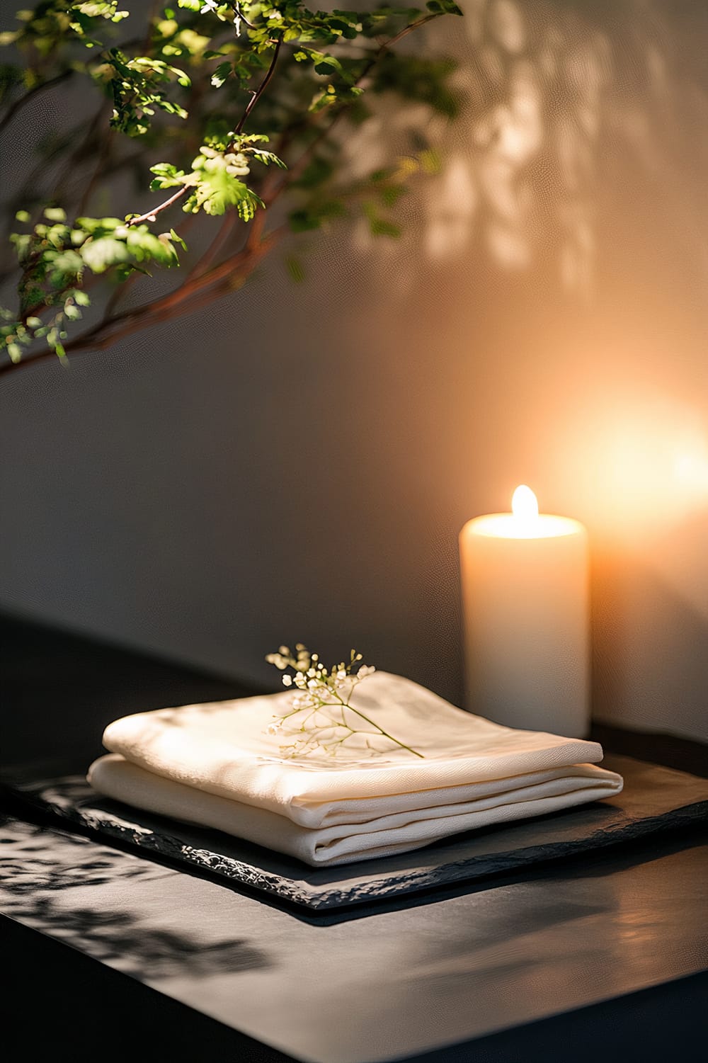 A sleek slate serving board adorned with neatly folded neutral linen napkins, a lit white candle, and a small arrangement of muted greenery. The setup is illuminated by soft light, which highlights the textures and clean lines, with branches casting shadows in the background.