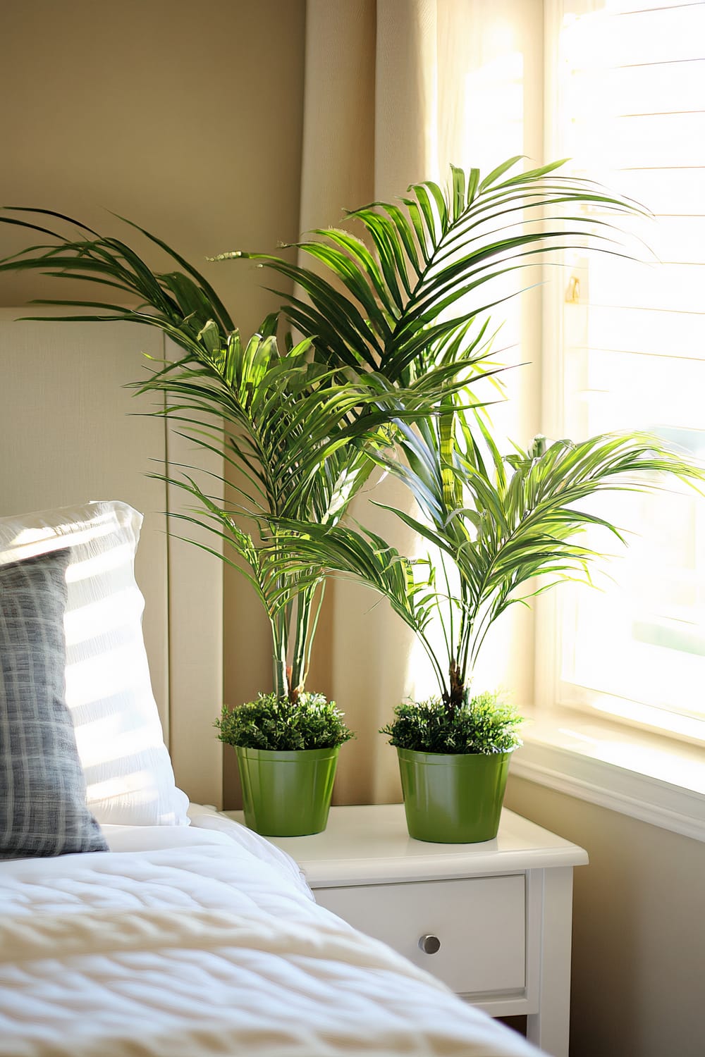 Close-up of a bedroom area featuring a white bed with a gray and white checkered pillow. Adjacent to the bed is a white nightstand holding two green potted plants. The room has light beige walls and is brightened by natural light coming through a nearby window with white curtains.