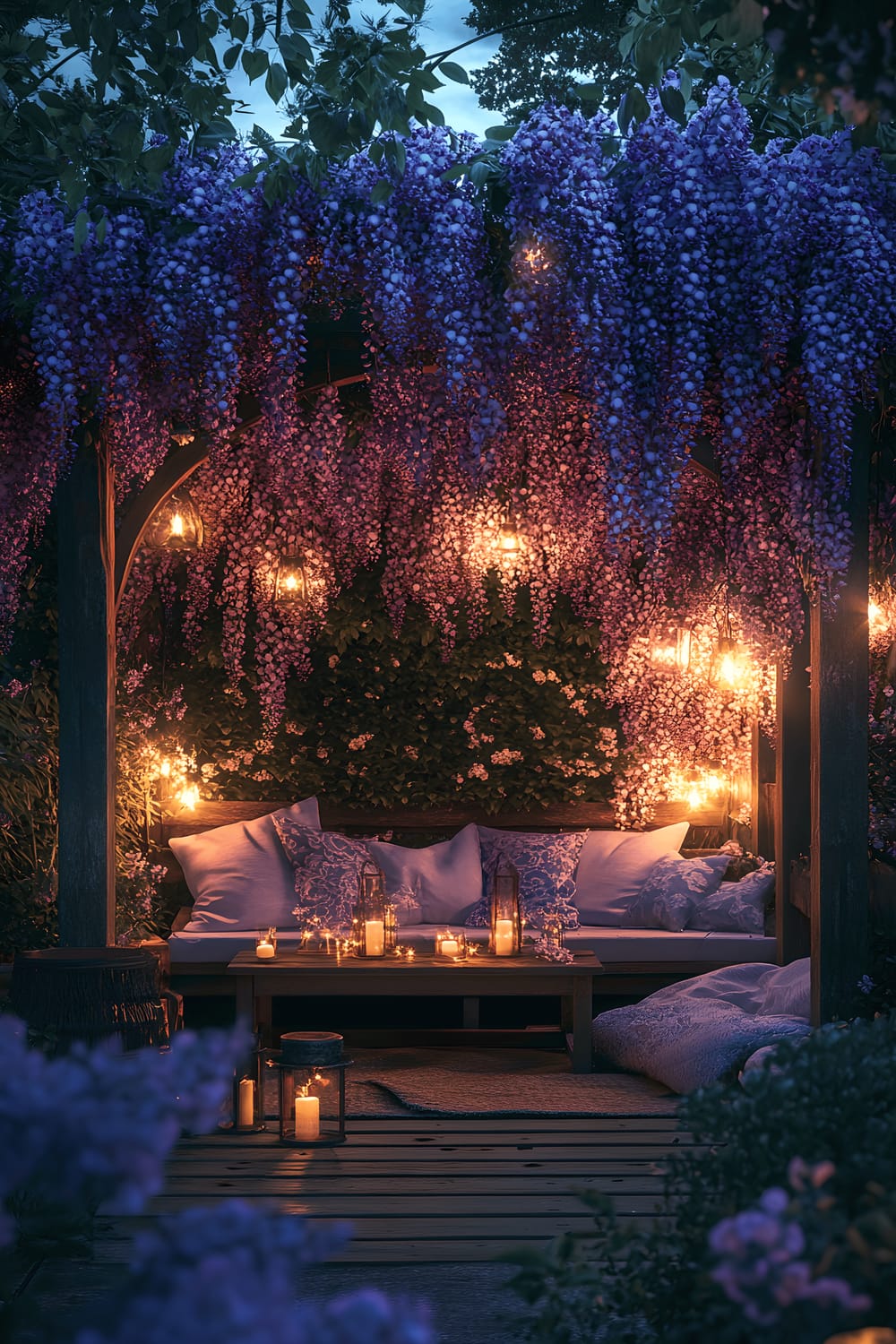 An enchanting garden nook bathed in blue twilight light features a wooden seating area with plush cushions under a trellis covered with blooming wisteria vines. The area is illuminated by soft fairy lights, lending the space a soft, magical vibe.