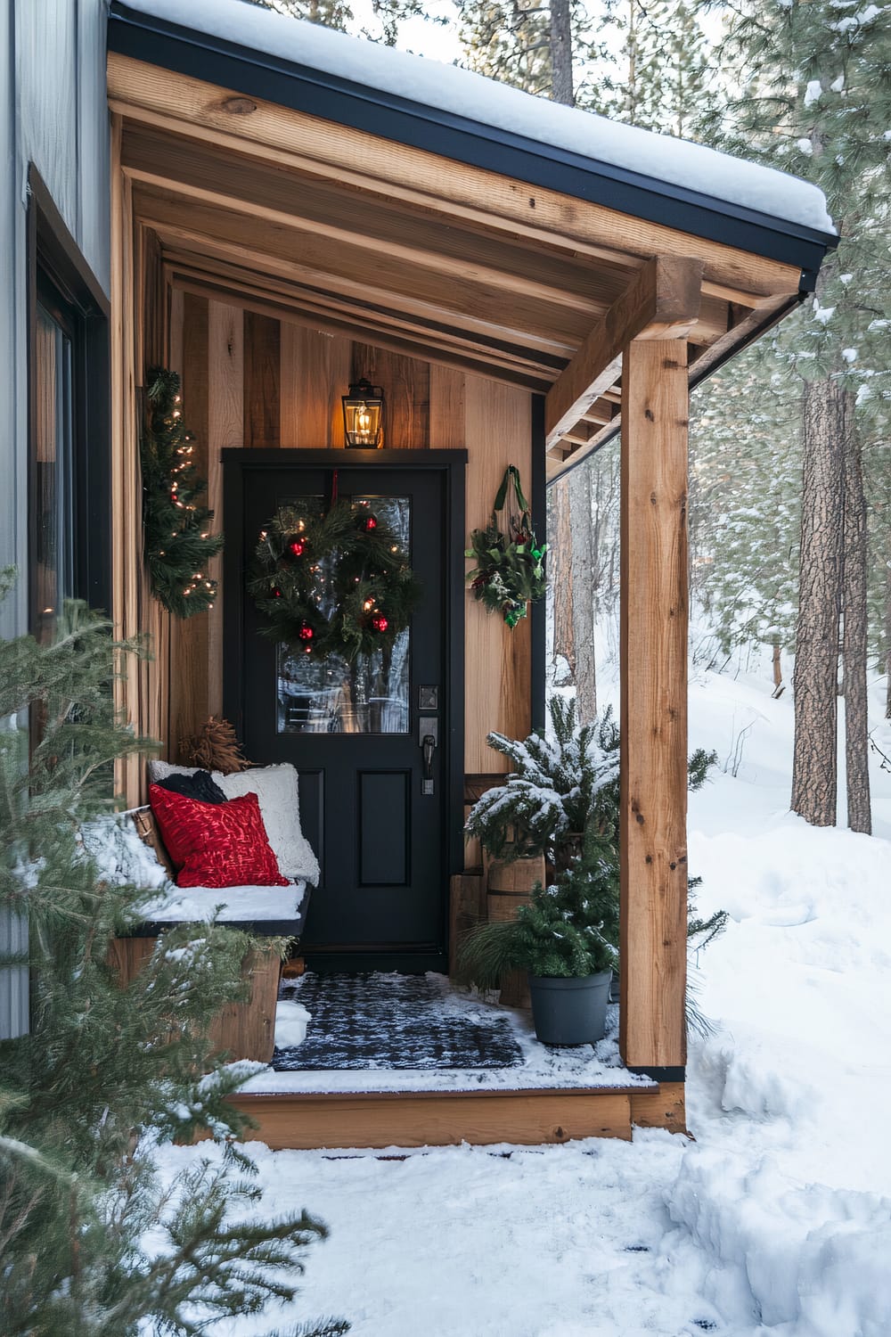 The image shows a charming cabin entryway in a snowy forest setting, featuring a rustic wooden structure with exposed beams. The black front door is adorned with a holiday wreath decorated with red ornaments and small lights. A wreath is also hung on the wooden wall to the right of the door. There is a bench to the left with white and red pillows, and various potted greenery around the entrance, some with a light dusting of snow. An outdoor lantern illuminates the scene, casting a warm glow on the natural wood tones.