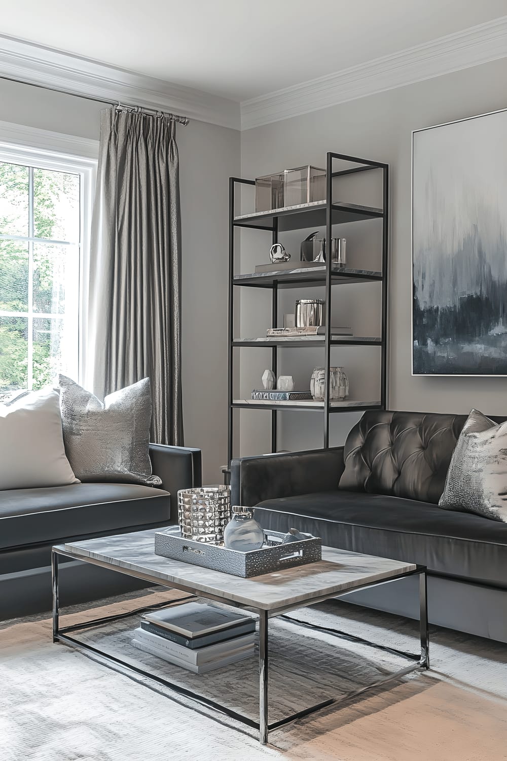 A small yet elegant living room using various grades of gray. The room is adorned with a charcoal sofa, silver metallic throw pillows, and a chic gray marble-topped coffee table in the center. There are matte black metal shelves displaying various minimalist decor items and black-and-white artworks. Light falls in the room through a large window on one side and a metallic floor lamp stands at the other, casting soft shadows in the space.