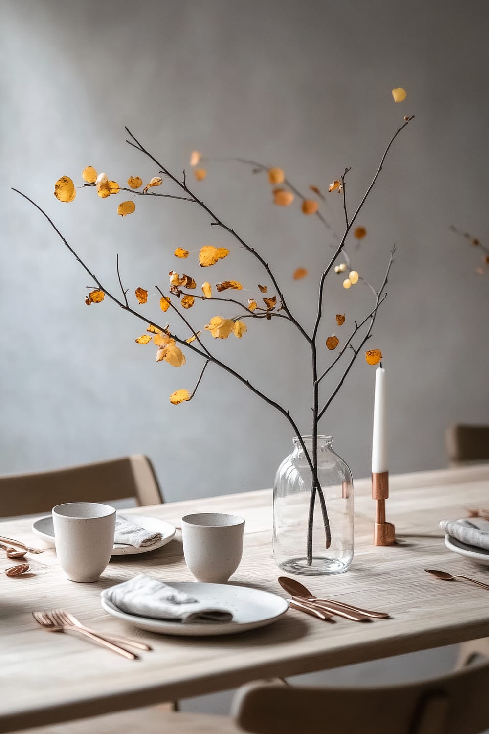 A minimalist dining table setting featuring a light-colored wooden table adorned with simple white ceramic plates, cups, and napkins. In the center, there is a clear glass vase holding a few delicate branches with small autumnal yellow leaves. A single white candle in a sleek, copper holder adds a touch of elegance.