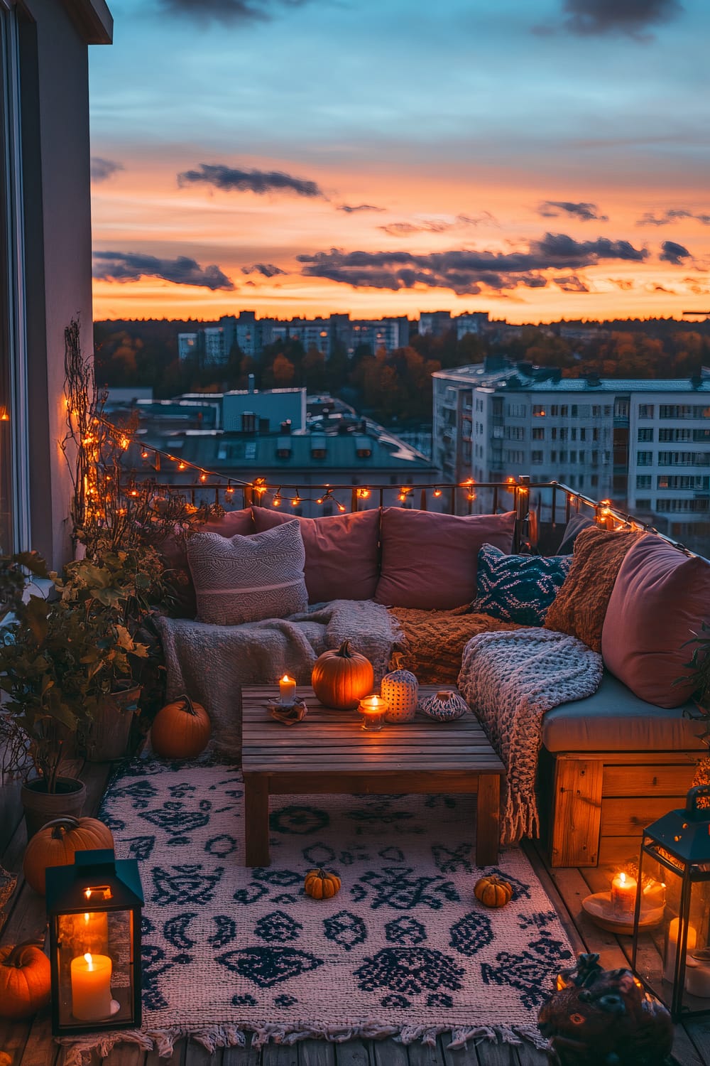 An outdoor balcony at sunset, decorated for autumn with a mix of fairy lights, throw blankets, and pumpkins. The seating area consists of a built-in wooden bench with pink cushions and patterned pillows, surrounded by lush potted plants. A wooden coffee table holds various candles and pumpkins. The area is illuminated by the warm glow of string lights, providing a cozy and inviting atmosphere against the backdrop of a beautiful city skyline.