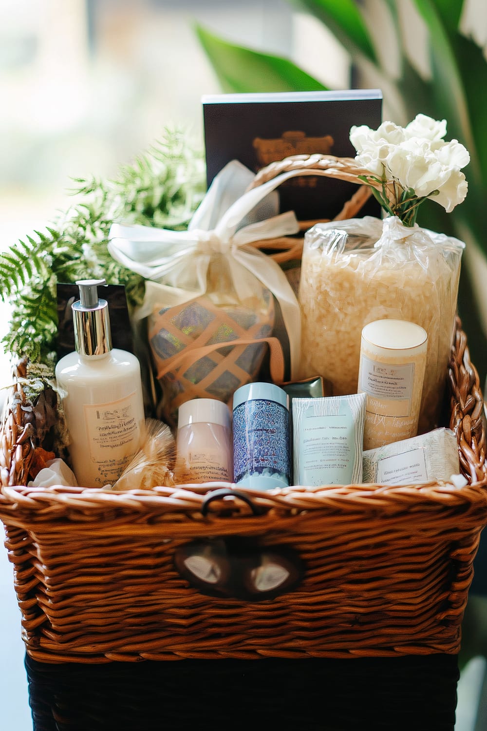 A wicker basket on a dark surface, filled with an assortment of bath and body products. The basket contains items such as a pump bottle of lotion, a jar of bath salts, a candle, a decorated gift box with a white ribbon bow, and various tubes and bottles of skincare products. The basket also includes ferns and white flowers for decoration, contributing to a fresh and luxurious presentation. In the background, there are blurred green plants and a window.