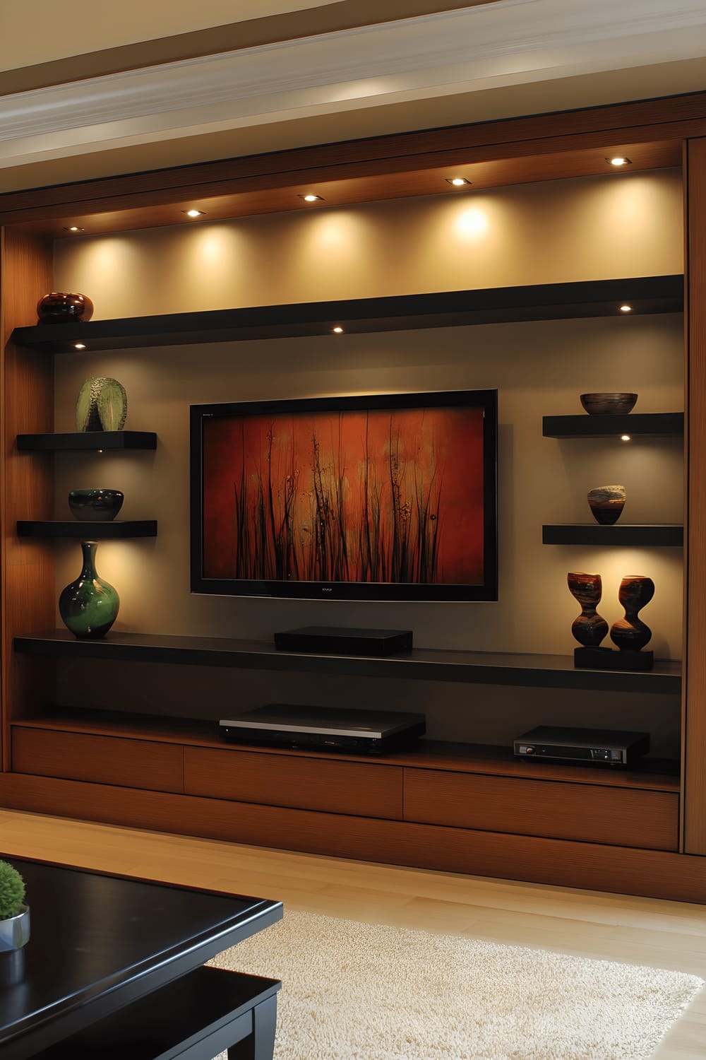 A balanced interior design showcasing a TV wall with diverse materials including wood, metal, and glass, assembled in a cohesive color scheme. Minimalist shelves are adorned with handcrafted pottery and abstract art pieces. The room is softly lit, creating a sense of calm and tranquility.