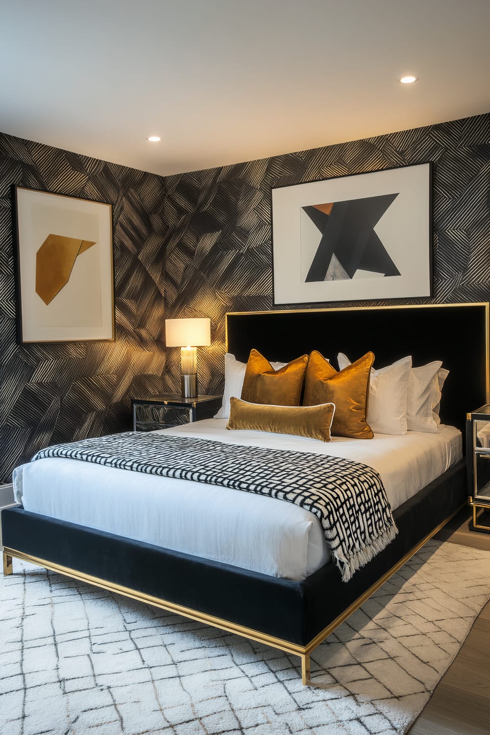 A modern bedroom features a black and white geometric patterned accent wall behind a black upholstered bed with gold trim. The bed is impeccably made with white linens, gold accent pillows, and a black and white patterned throw. To the left of the bed is a side table with a lamp that emits a soft, warm glow. Two pieces of abstract art with black, white, and gold elements hang on the wall, complementing the room's color scheme. The floor is adorned with a light-colored rug featuring a subtle geometric pattern.