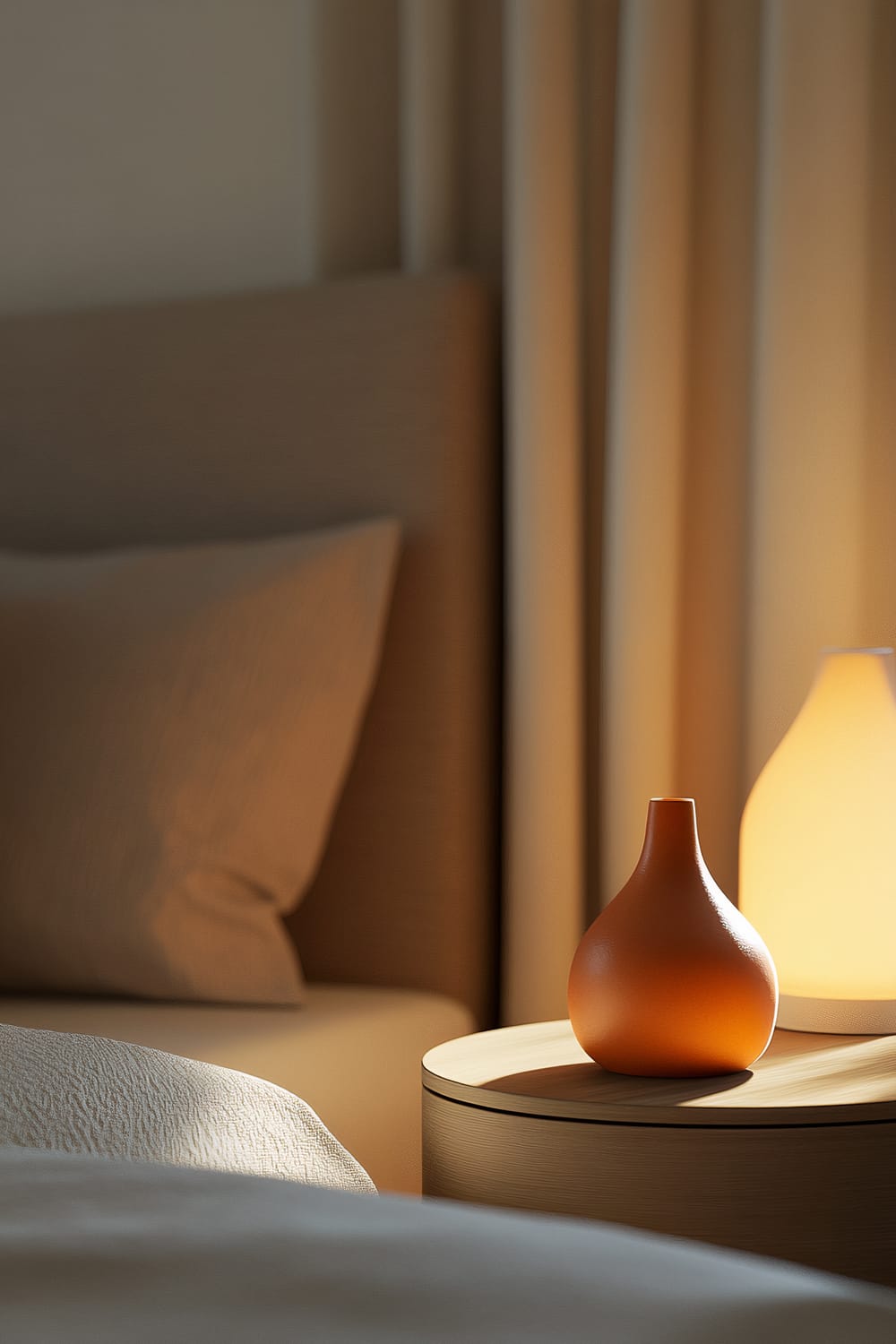 A contemporary bedroom featuring a sleek bedside table with a small, orange ceramic oil diffuser. The lighting is warm and casts soft glows on minimalist bedding and decor, including beige curtains and a bed with neutral-colored pillows and sheets. The setting exudes a cozy and stylish ambiance.