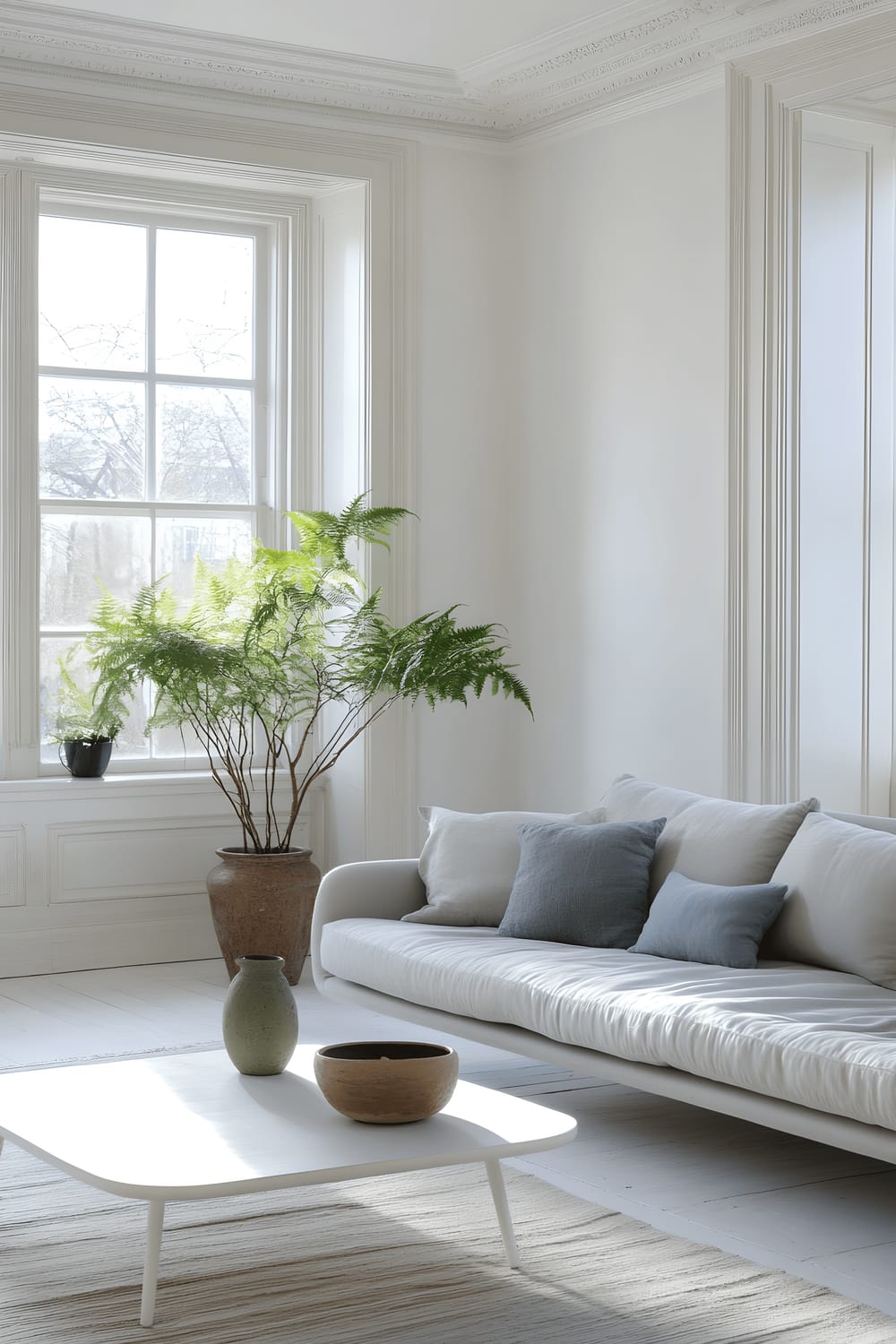 A bright, airy Scandinavian-style living room with white walls, light wooden floors, and large windows flooding the room with natural light. In the centre is a plush gray linen sofa adorned with pastel blue cushions, and in front of it, a sleek, minimalist white coffee table holds a simple vase. A green fern is potted in the corner of the room, and a soft white woolen rug covers part of the wooden floor, contributing to the serene space.