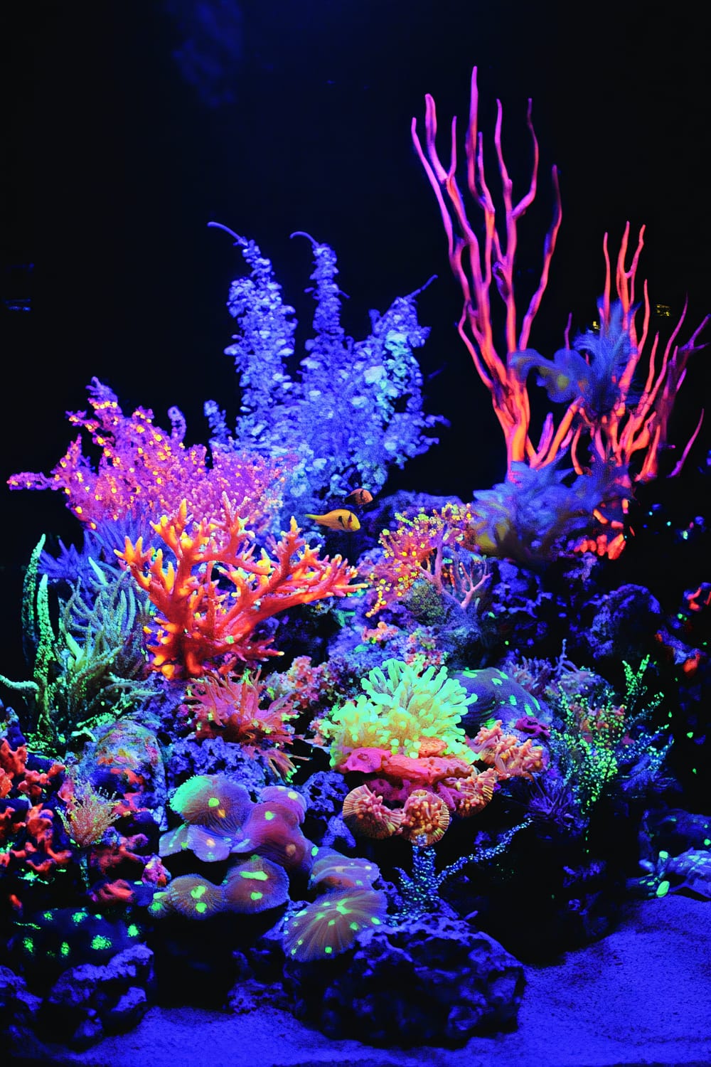 An aquarium filled with various glow-in-the-dark decorations illuminated by ultraviolet lighting. The glowing colors include blues, purples, pinks, oranges, and greens, creating a vibrant and mesmerizing display. The surroundings are dark, emphasizing the vividness of the neon elements.