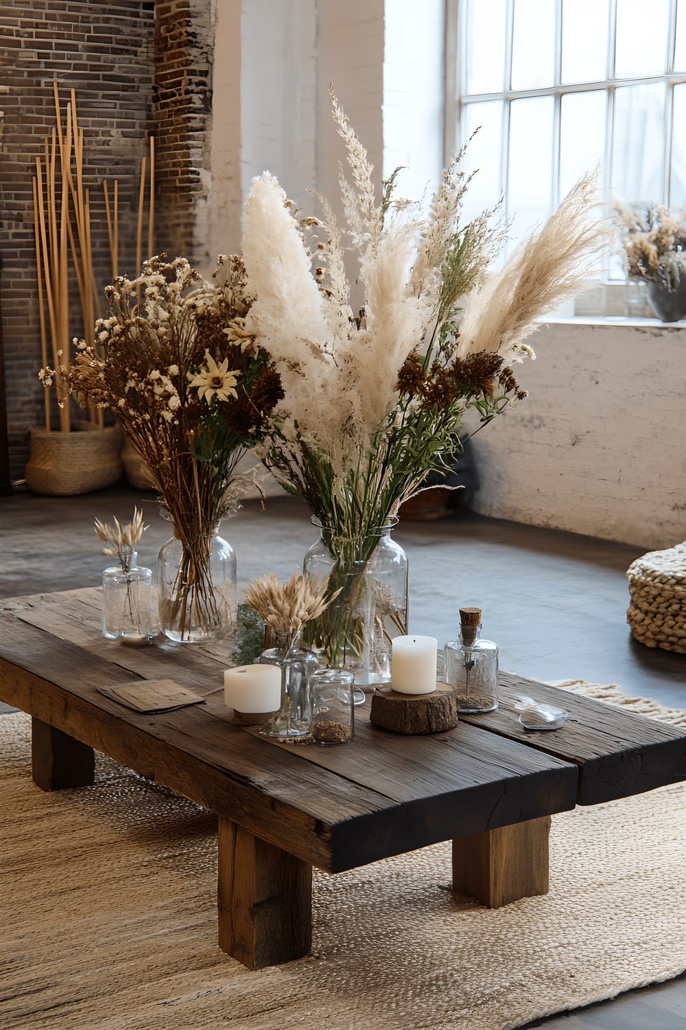 A rustic style living room featuring a reclaimed wooden coffee table adorned with a variety of dried flowers in glass vases, wooden candle holders, surrounded by cozy seating furniture set on a woven jute rug. The room is further enhanced by indoor greenery including potted fiddle leaf figs and bamboo plants, all creating an organic and eco-friendly ambiance.