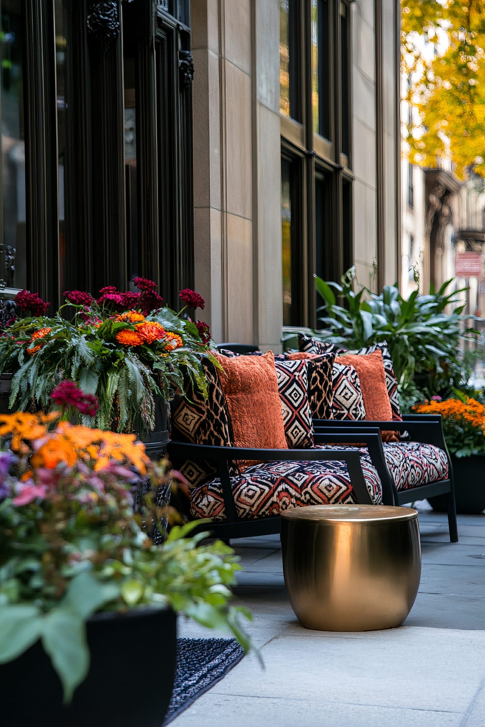 A sophisticated outdoor seating area with two armchairs featuring intricate geometric patterns in earthy tones and vibrant orange cushions. A round metallic side table sits between the chairs. Abundant, colorful flowers in meticulously arranged planters surround the seating area, providing a lush and vibrant backdrop. The scene is set against a stylish building facade with large windows and architectural detailing, suggesting an urban environment.