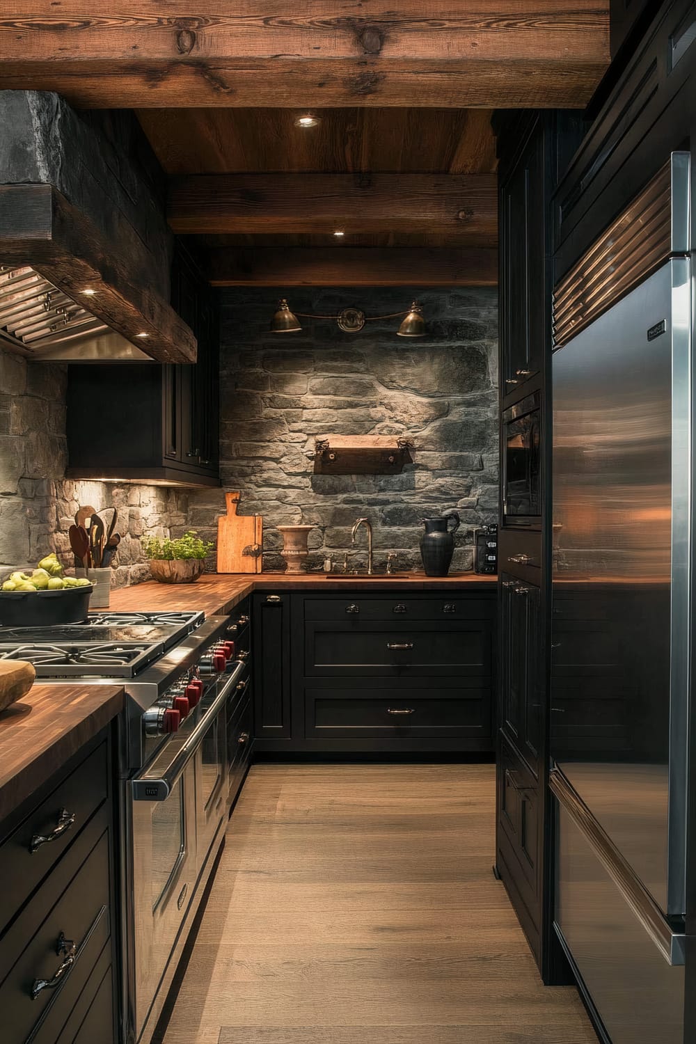 Farmhouse kitchen with deep charcoal cabinetry, dark walnut countertops, exposed wooden beams, and a stone backsplash. Vintage-style sconces cast soft lighting. A stainless steel range and built-in refrigerator are featured.