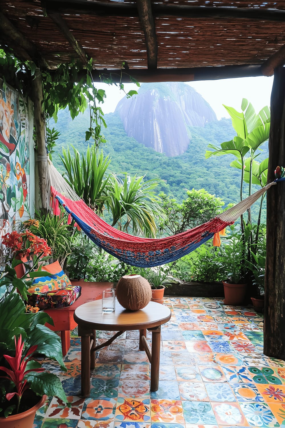 A vibrant, outdoor patio setting with colorful, patterned tiles on the floor and a variety of lush, tropical plants surrounding the space. A multi-hued hammock is stretched out between two wooden posts, and a small, wooden table holds a natural coconut with a straw for drinking. In the background, the picturesque Sugarloaf Mountain can be seen under a clear, blue sky.