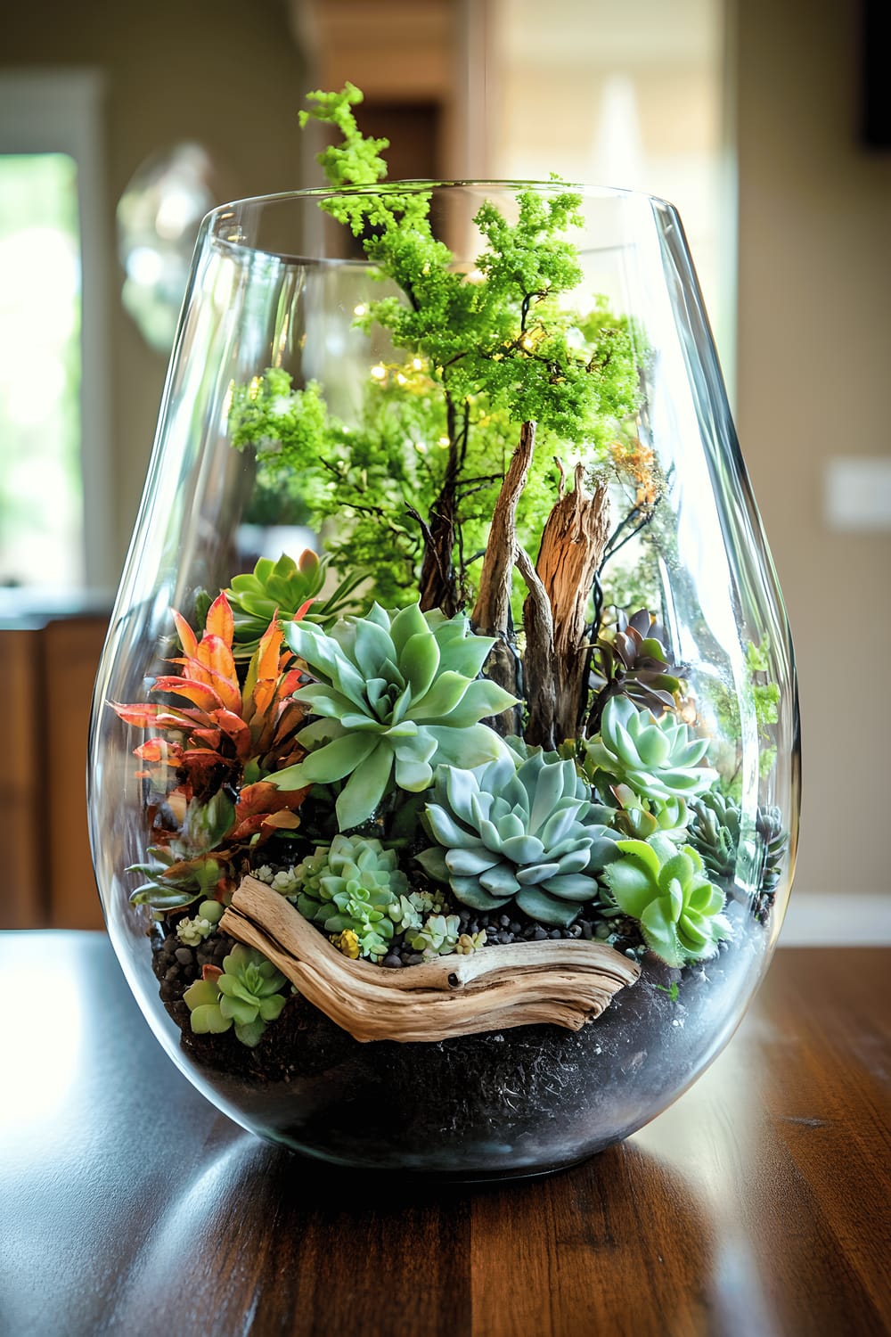 A modern organic centerpiece placed on a light-colored linen runner adorning a wooden kitchen table. It features a large glass terrarium holding a variety of green succulents, air plants, and small ferns. Decorative elements such as driftwood pieces, miniature fairy lights, and colorful pebbles provide texture, all under natural, soft lighting that emphasizes the lush greenery and organic shapes.