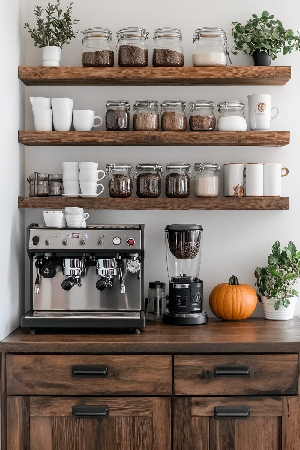 A coffee station with wooden shelves holding various jars of coffee beans, sugar, and other ingredients. Below the shelves is a coffee machine with cups and a coffee grinder next to it. There is also a pumpkin and a plant on the dark wooden counter.