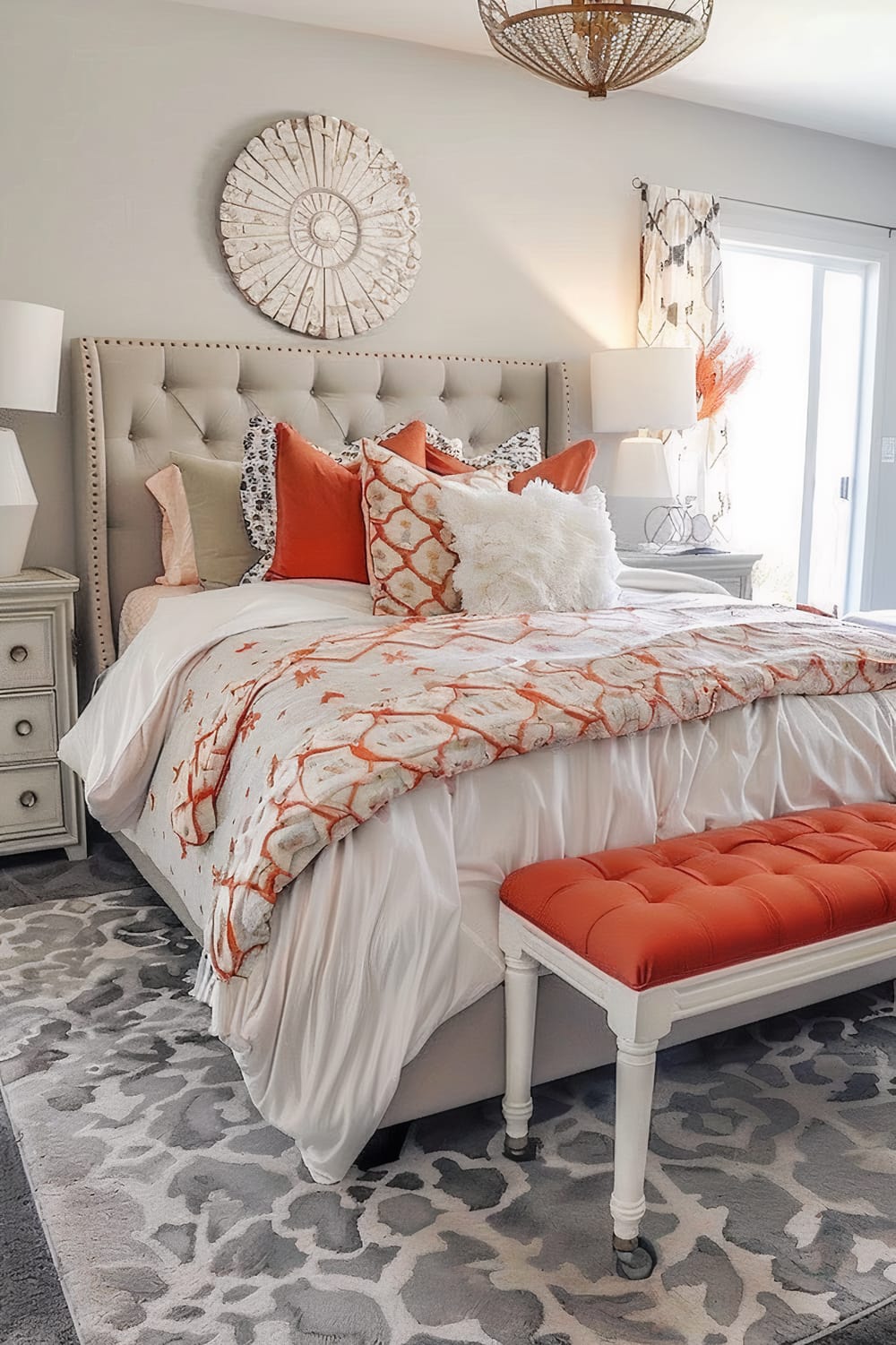 Elegant bedroom featuring a large bed with a tufted headboard, adorned with a variety of pillows in shades of orange, white, and patterned textures. The bedspread and pillows feature matching orange and white geometric patterns. A tufted bench with an orange cushion sits at the foot of the bed. Two matching bedside tables topped with white lamps flank the bed, and sheer curtains with bold patterns adorn the sliding glass door that opens to a balcony. A large, round, textured wall art piece hangs above the bed, and a distinctive pendant light fixture made of natural materials hangs from the ceiling. The room is tied together with a neutral-toned, patterned area rug.