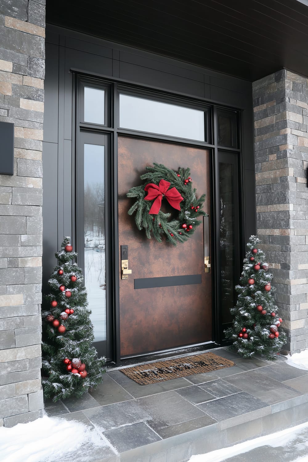 A modern front door decorated for the Christmas season. The door is a sleek, industrial design in rust-colored metal with dark framing. A lush green wreath adorns the center of the door, featuring a large red bow and small red ornaments. Flanking the door are two small Christmas trees, dusted with artificial snow and decorated with red baubles. The entryway is constructed from gray stone with a matte finish, giving a contemporary, yet rustic feel. Snow is lightly scattered around the base of the entryway, indicating a winter setting.