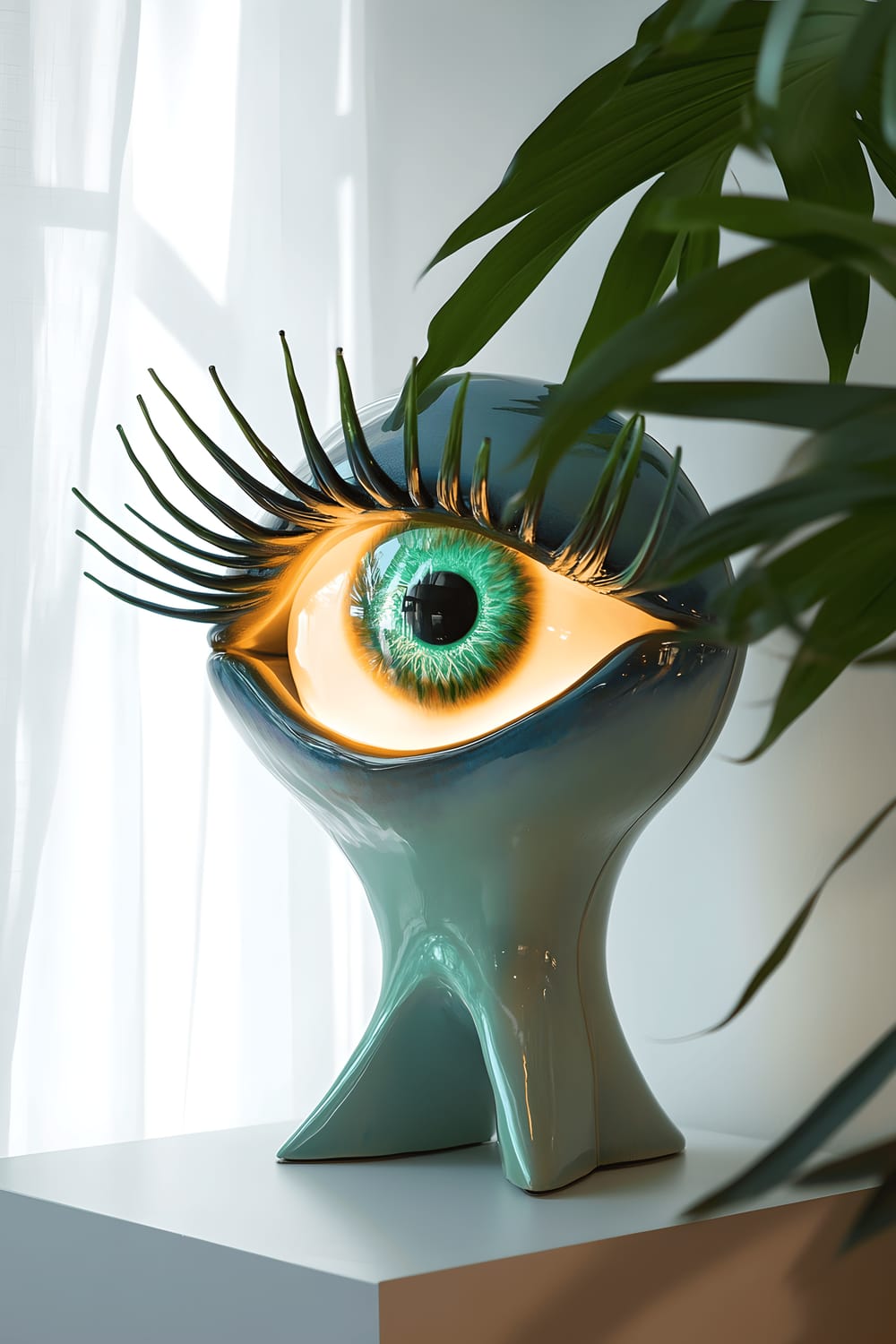 A small table lamp, artistically fashioned in the shape of an abstract human eye. The lamp features vibrant blue and green hues, with elongated, surreal eyelashes extending outward. The lamp emits subtle, warm light giving the surrounding space a gentle ambient glow. The lamp is placed on a simple, minimalist white nightstand in a room with neutral tones.