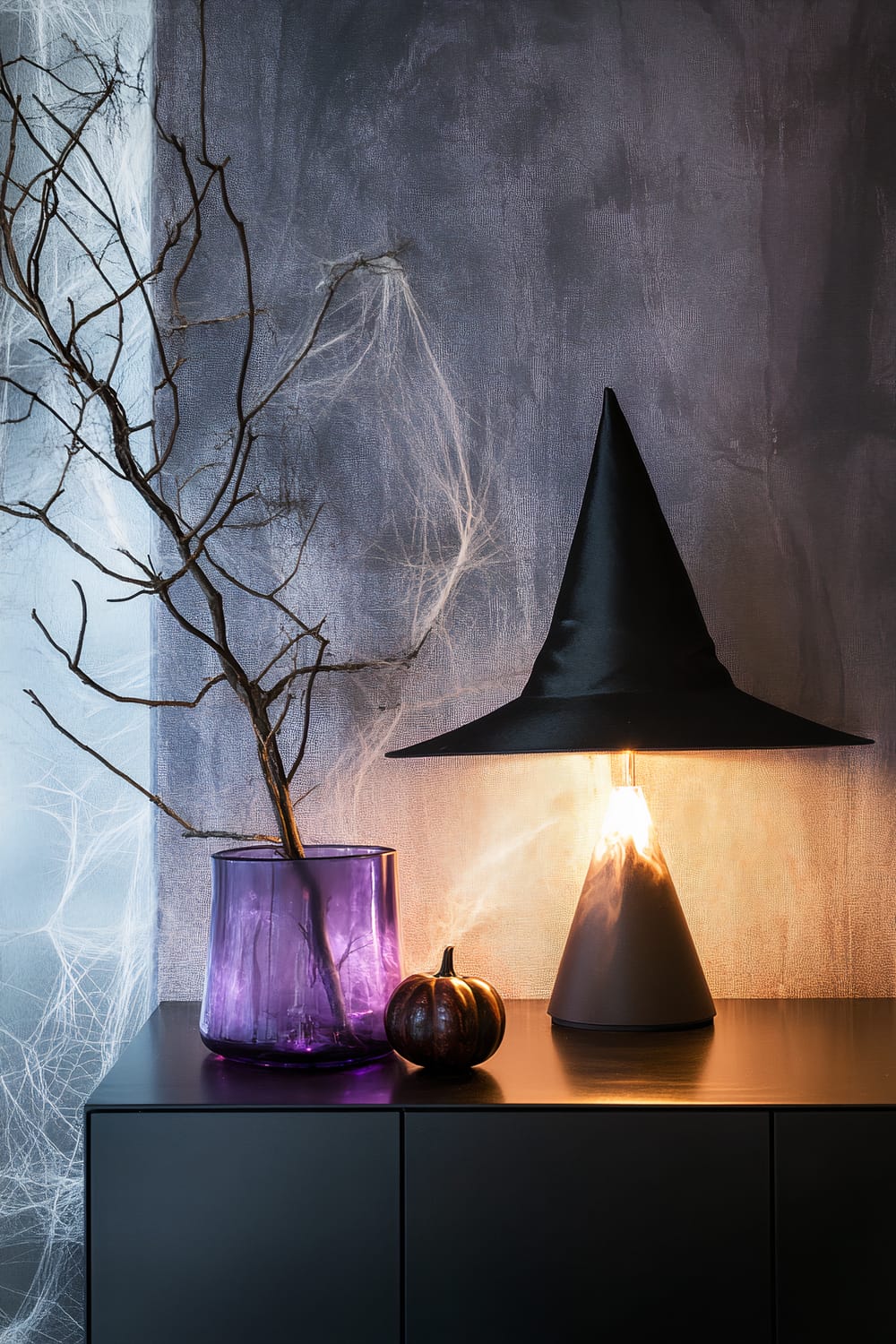 A minimalist Halloween-themed bedroom corner features a sleek witch's hat lamp emitting warm ambient light on a black modern cabinet. The setup includes deep purple and black hues. A dried branch is in a transparent purple vase, and a small dark pumpkin adds a festive touch. Subtle cobweb accents adorn the background.