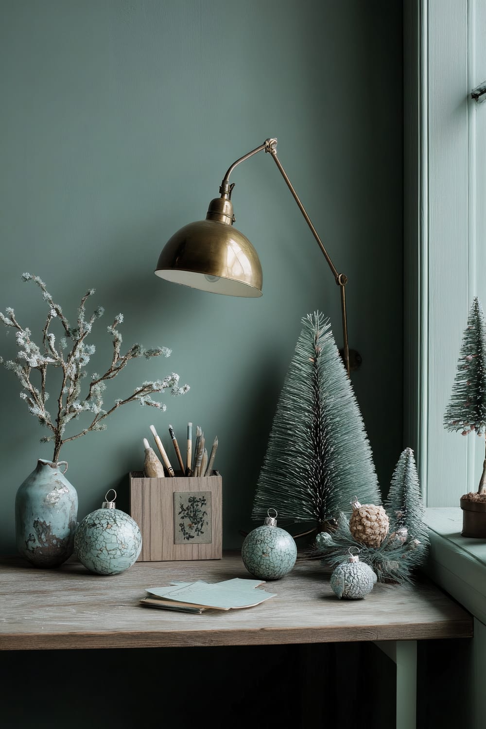 An artistic workspace in a green hue with a wooden desk adorned with small Christmas trees, decorative ceramic ornaments, a pencil holder with art supplies, and an arched brass lamp.