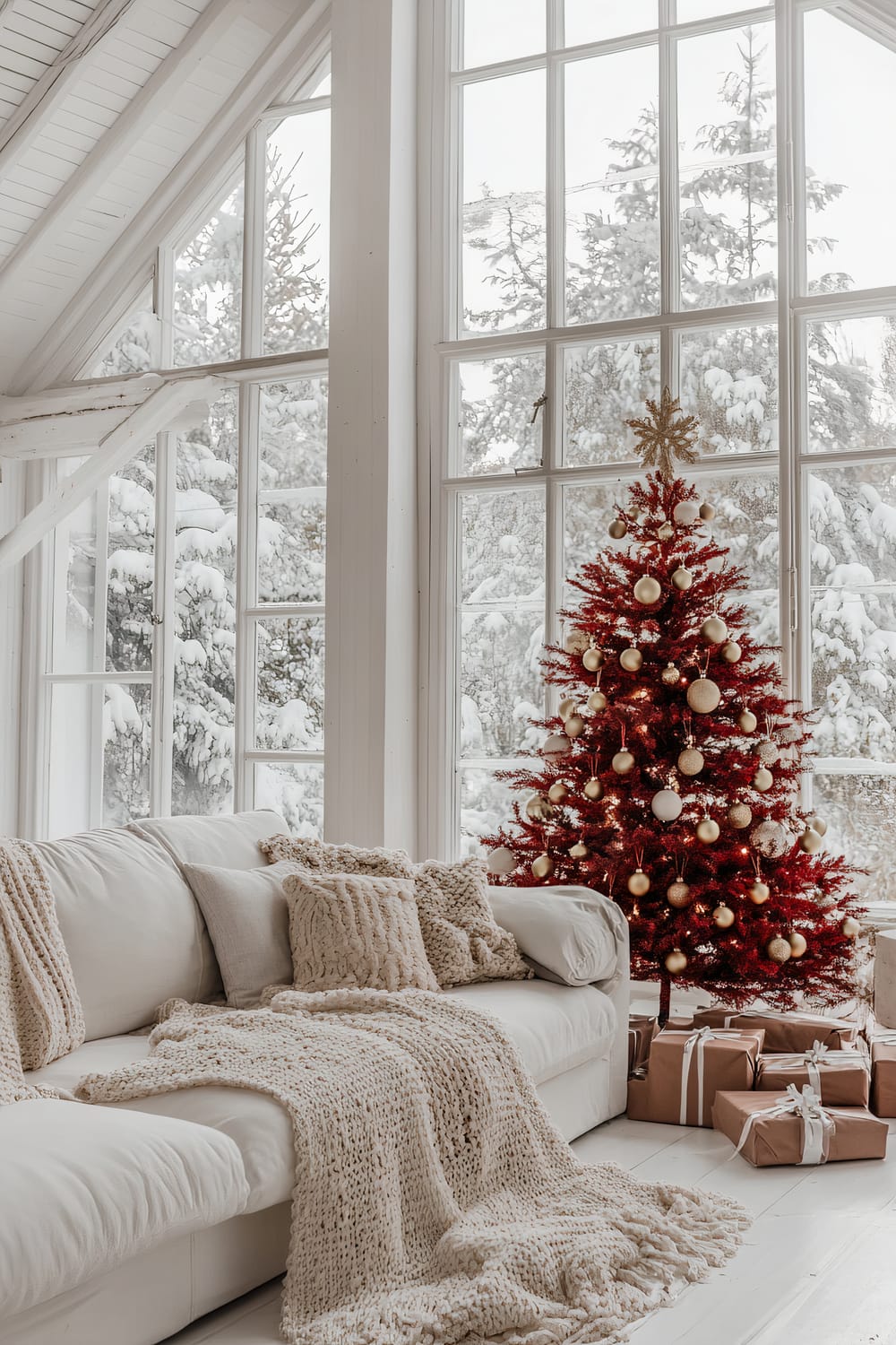 A minimalist Scandinavian living room featuring a vibrant red and gold decorated Christmas tree next to large windows showcasing a snowy landscape. The room has a white sofa adorned with cozy knitted throws and pillows.