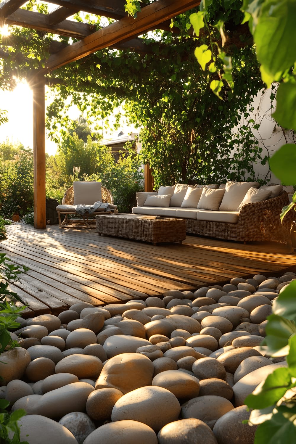 An outdoor patio area featuring a wooden deck surrounded by a border of medium-sized river rocks. The deck is furnished with comfortable lounge furniture with neutral-colored cushions, and it sits under a pergola draped with climbing ivy. The scene is bathed in the warm glow of golden hour sunlight, highlighting the natural textures of the wood and rocks.