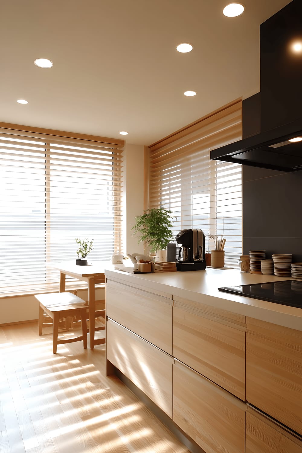 A serene kitchen interiors showcasing a blend of modern Scandinavian and traditional Japanese design aesthetics. The light birch wood cabinets contrast strikingly with sleek black accents while a spacious white quartz countertop features minimalist kitchen tools, a traditional Japanese rice cooker, and a bonsai arrangement. A dining nook adorned with Scandinavian-style chairs and a low wooden table is adjacent to the cooking area. Natural light floods the room through floor-to-ceiling windows decorated with sheer white blinds. Recessed ceiling spots provide subtle lighting to underline the clean lines and the harmonious amalgamation of design elements from the East and Northern Europe.