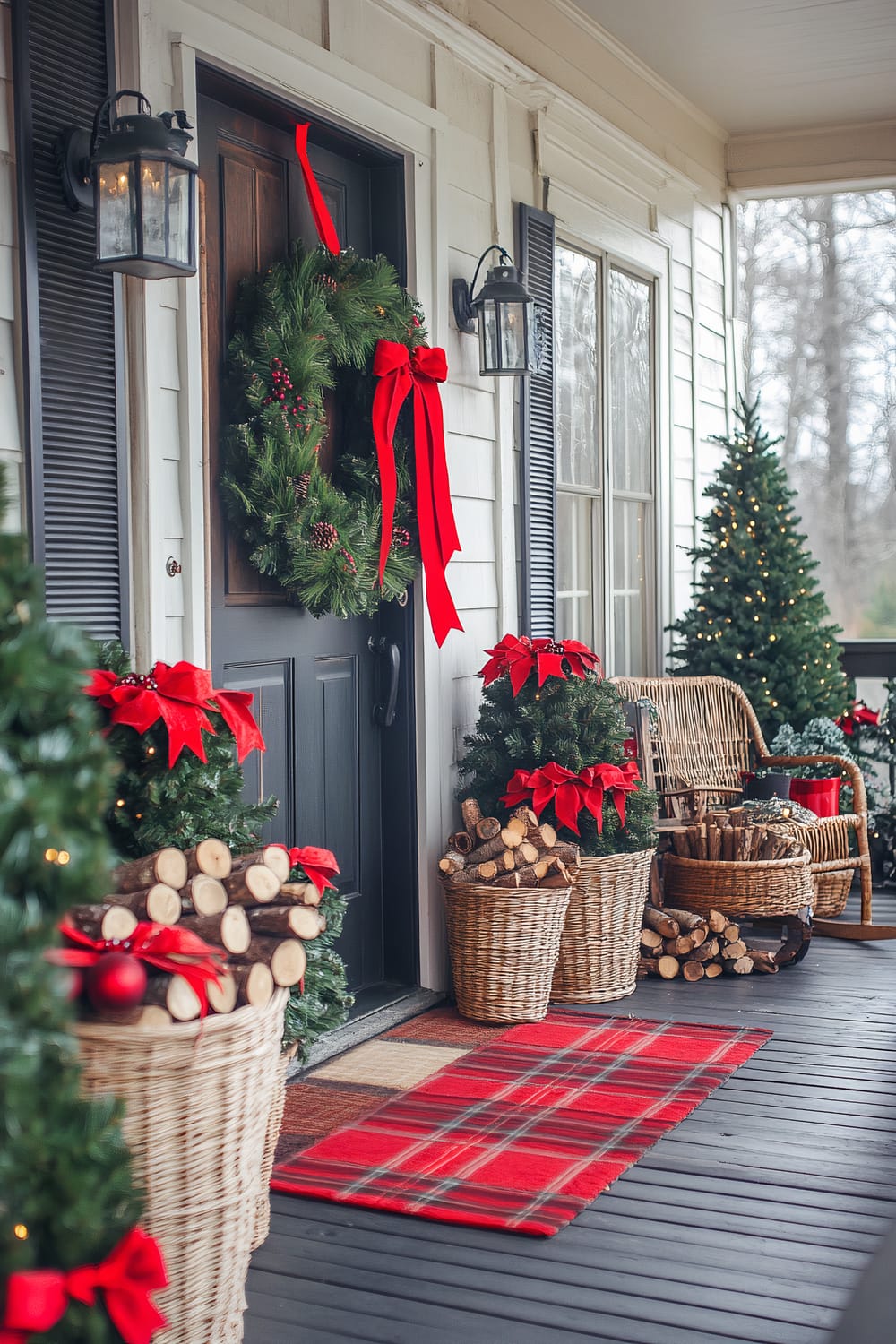 A festive front porch decorated for Christmas. The porch features a dark wooden door adorned with a large green wreath decorated with red berries and a long red ribbon. There are two wicker baskets filled with firewood logs and mini Christmas trees decorated with poinsettia flowers, also accented with red ribbons. A traditional red and green plaid mat lies on the dark wooden floor. A small Christmas tree with white lights and rustic wicker chairs add to the cozy holiday ambiance.