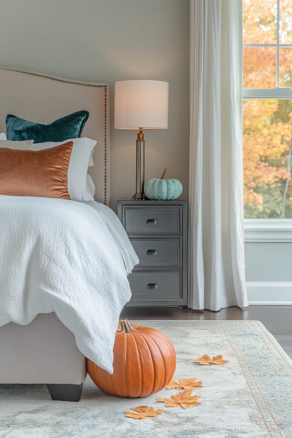 A serene bedroom decorated for Thanksgiving features a minimalist bed with crisp white linens and copper accent pillows. A stylish steel bedside table with a teal lamp and a decorative pumpkin are next to the bed. A large window lets in soft natural light, illuminating the room. The floor has a neutral-toned rug with subtle fall patterns. An orange pumpkin and a few autumn leaves are placed on the rug. The overall atmosphere is elegant and cozy with harmonious colors.