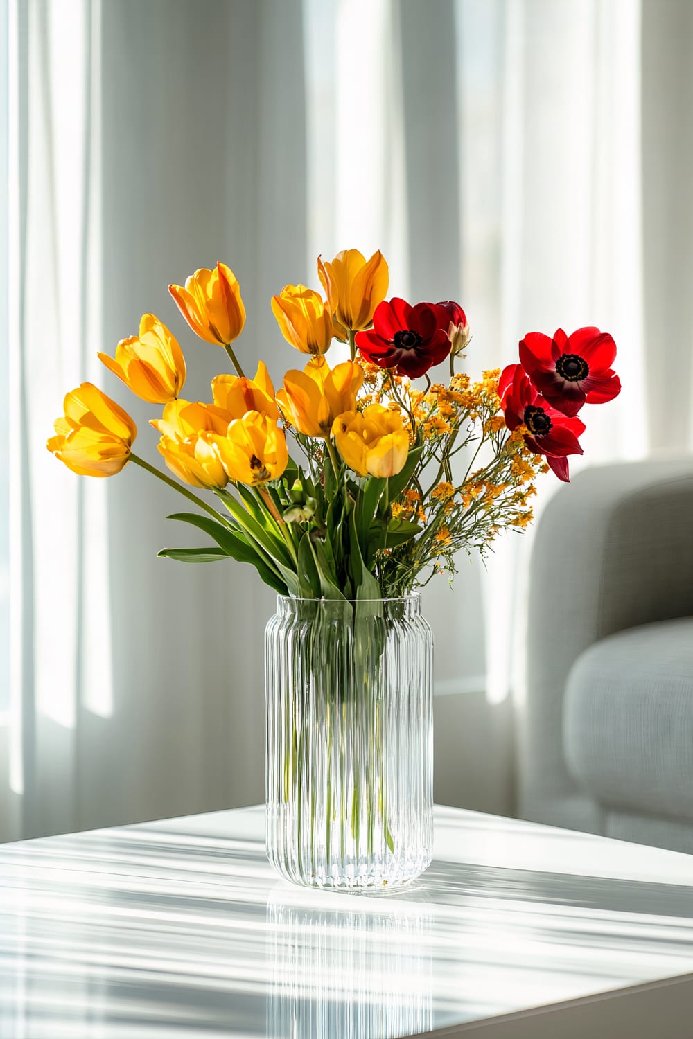 Clear glass vase with yellow tulips, red poppies, and small yellow flowers on a white table with soft natural light and sheer curtains in the background. A portion of a light gray sofa is visible on the right side of the image.