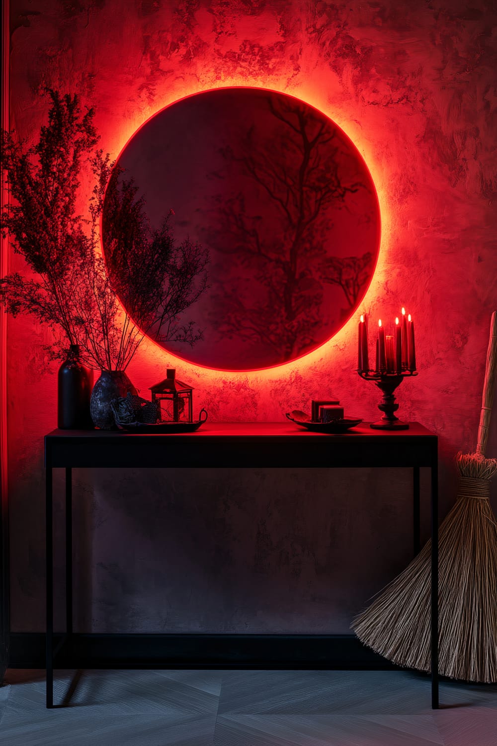 A sleek black console table adorned with various magical artifacts is placed against a textured wall illuminated by vibrant red LED lights. Above the table hangs a large glowing enchanted mirror with a red halo, reflecting haunting branches. To the right of the table is an antique witch's broom. On the table, objects including a black candelabrum with red candles, a dark vase with dried branches, a small lantern, and other mystical items are arranged under soft, atmospheric lighting.