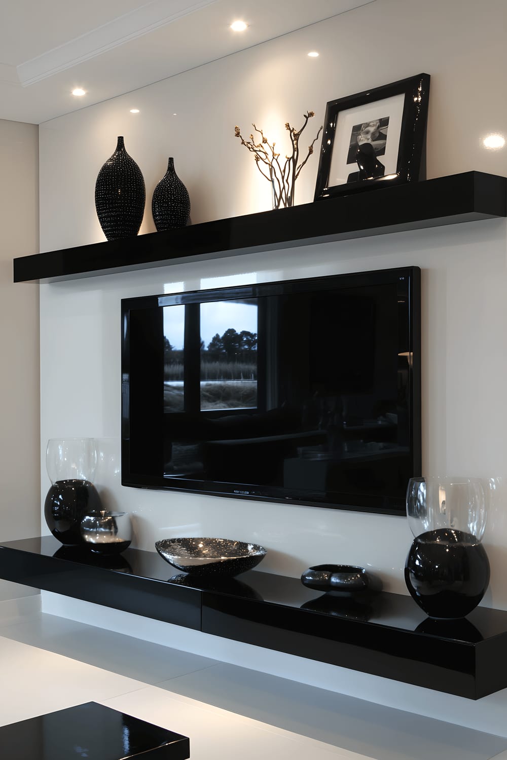 A modern and sophisticated TV wall featuring black floating shelves mounted on a white backdrop. The shelves are adorned with decor items in black, white, and metallic finishes, creating a strong contrast. Hidden LED lighting accentuates the minimalist and bold aesthetic of the space.