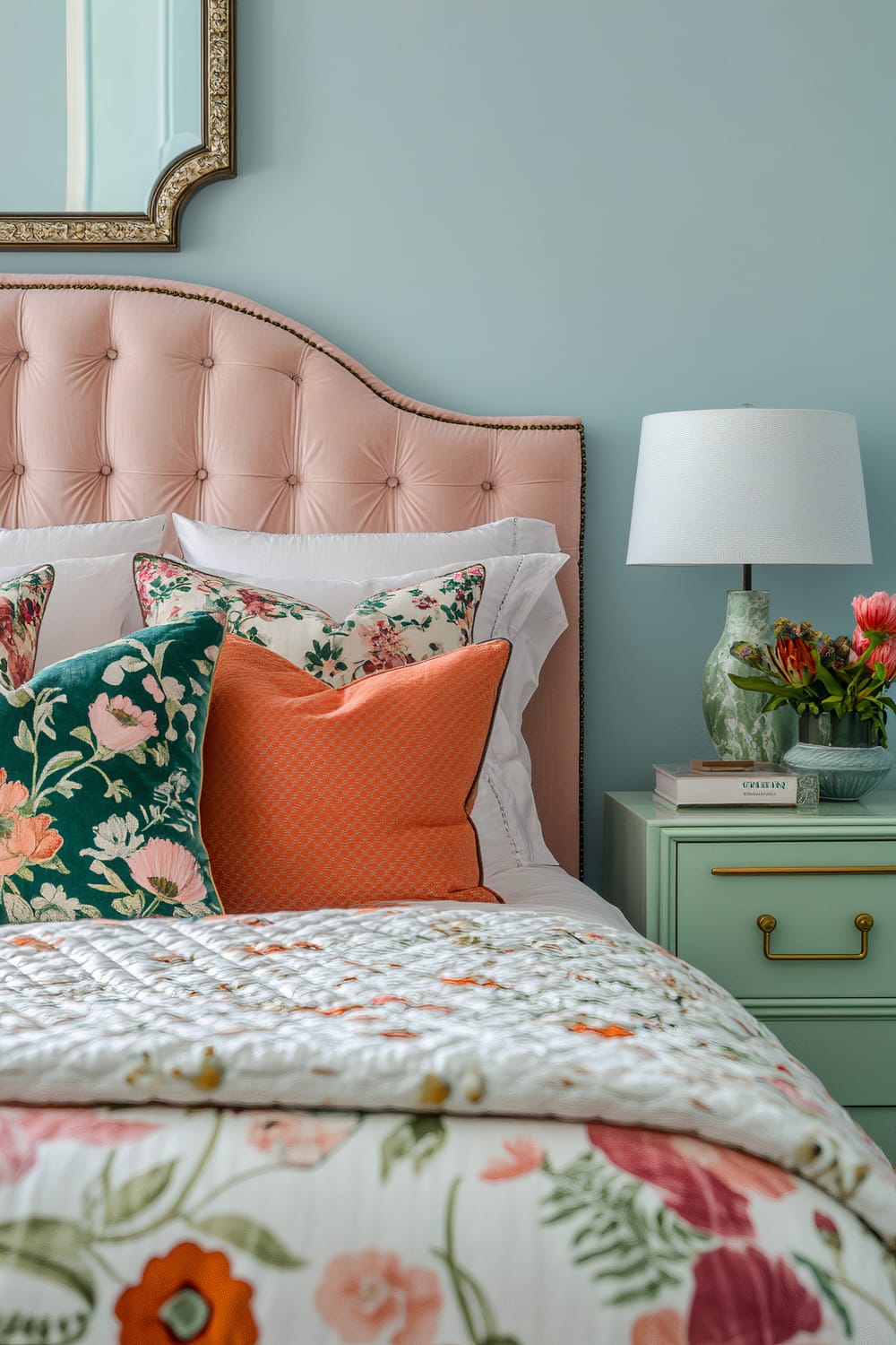 A bedroom scene features a bed with a light pink, tufted headboard with bronze nailhead trim against a pale blue wall. The bed is adorned with pillows in vibrant floral and geometric patterns, including large floral prints in green and pink and orange geometric designs. A floral quilted blanket complements the decorative pillows. To the right, a bedside table in mint green holds a white-shaded lamp, books, and a vase with red and orange flowers.