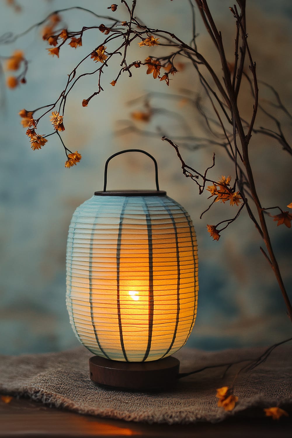 A single handmade paper lantern illuminated by a small LED light, positioned on a textured cloth. The lantern emits a warm ambient glow, and is surrounded by several dried flower stems. The background features subtle, natural tones that complement the minimalist and crafty design of the lantern.