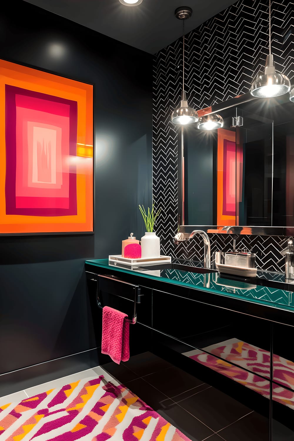 A modern bathroom with a combination of sleek black tiles and a kaleidoscope of vibrant colours. An accent wall is adorned with a geometric pattern, contrasting the black tiles. A floating glass vanity with chrome fixtures sits beneath a prominent teal mirror, while bright overhead lighting cast intricate, vibrant shadows. Carefully placed decor items, such as abstract artworks and patterned rugs, add a subtle charm to the area.