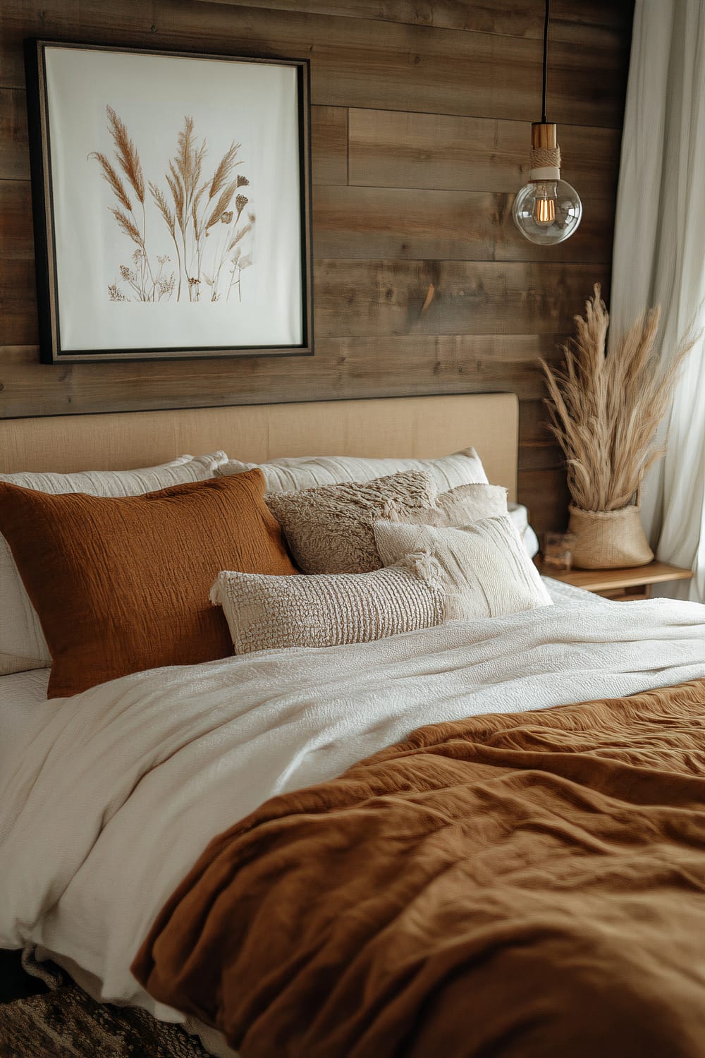 An inviting bedroom with a natural, earthy aesthetic. The bed features a mix of rust and beige pillows, and a rust-colored blanket over a white duvet. The backdrop is a wooden panel wall with a framed botanical art piece. To the right, there's a bedside table with a woven basket holding dried grasses, and an exposed filament light bulb hanging from the ceiling.