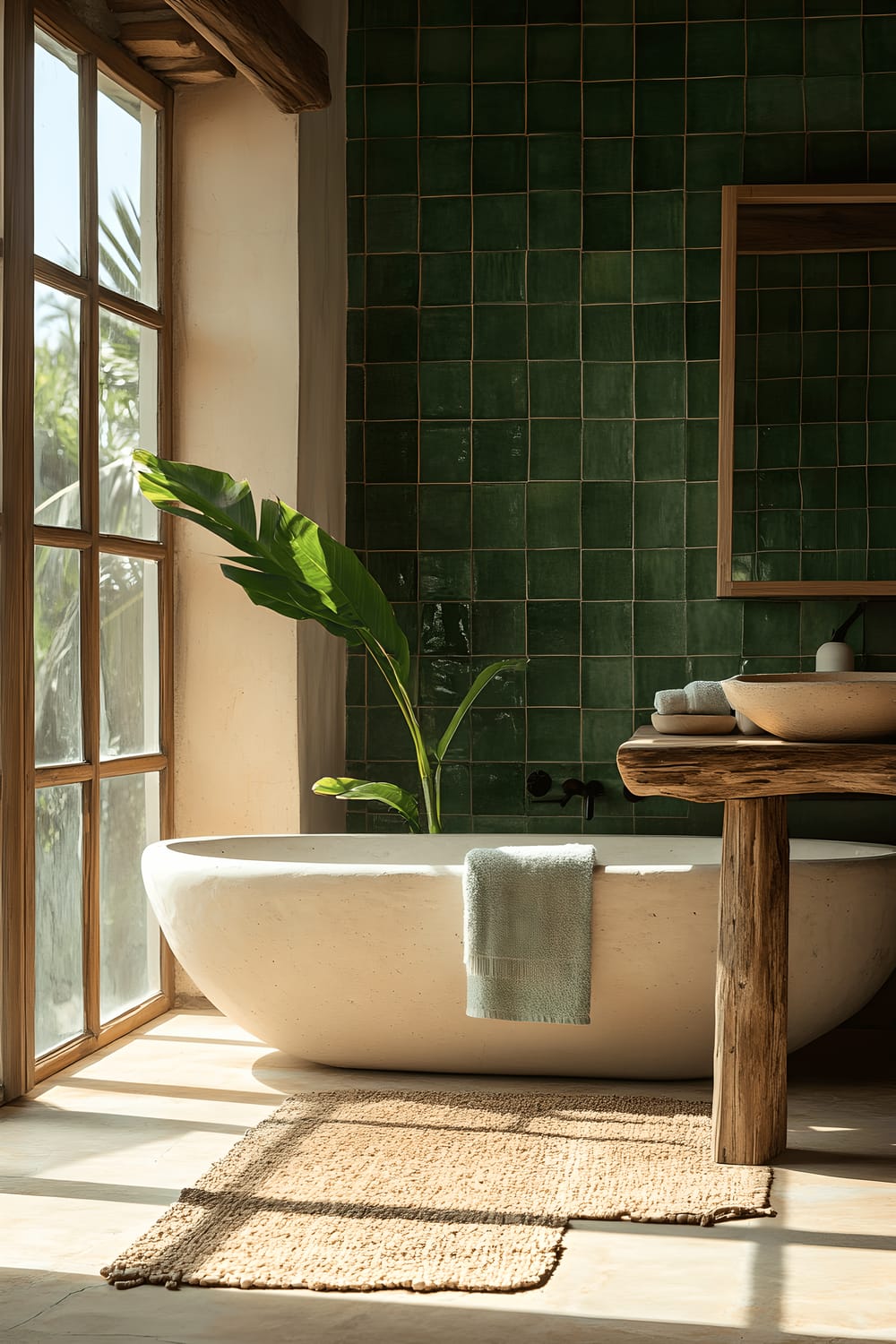 A close-up image of a sophisticated bathroom with a reclaimed timber vanity. The bathroom has forest green tiles, a freestanding stone bathtub beneath a large window, and minimalist bamboo accessories. The room is lit with warm, natural light.