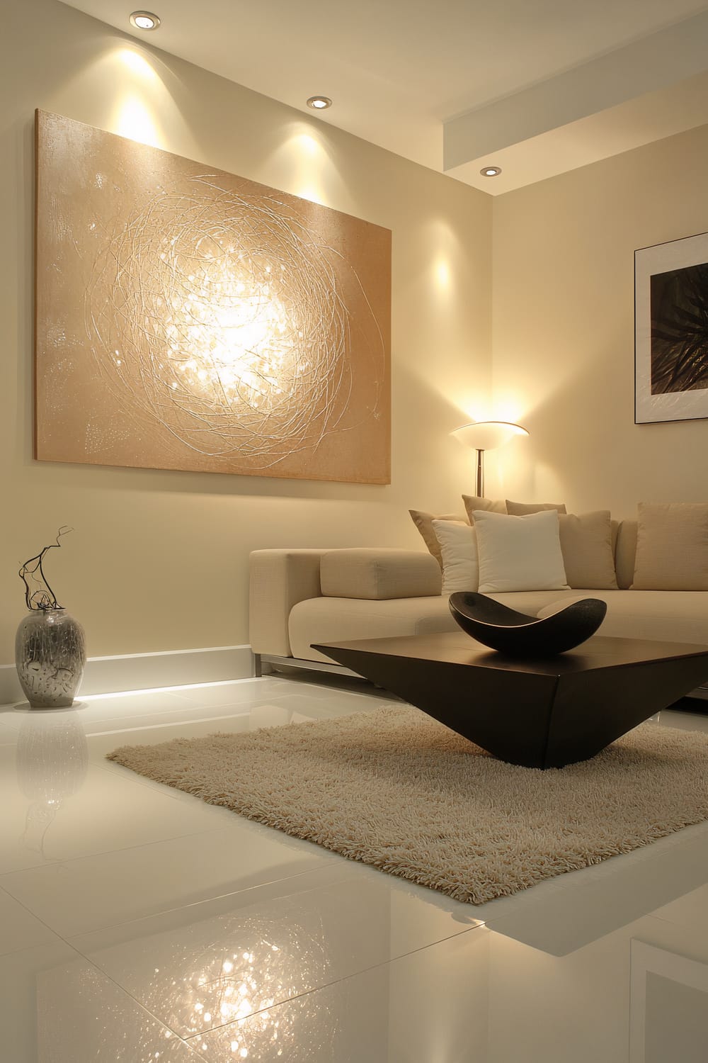 A sophisticated living room featuring a modern, neutral-colored sofa with multiple beige and white pillows. Opposite the sofa is a minimalist coffee table displaying a single black decorative item. A large piece of spheric artwork is prominently displayed on a feature wall and is illuminated by focused accent lighting. A vase with twisted branches is placed on the floor to the left of the sofa. The rug and glossy floor add to the room's refined and uncluttered aesthetic.