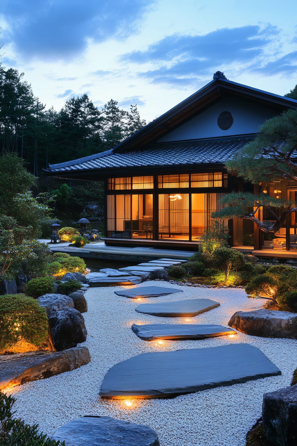 An elegant traditional Japanese house is adorned with warm amber and white Christmas lights, contrasting beautifully against a serene blue twilight sky. The scene features minimalist stone pathways leading to the house, surrounded by understated evergreen plants and beautifully accentuated by outdoor lighting. The house has large windows that emit a warm, inviting glow, complementing the refined landscaping and tranquil ambiance.