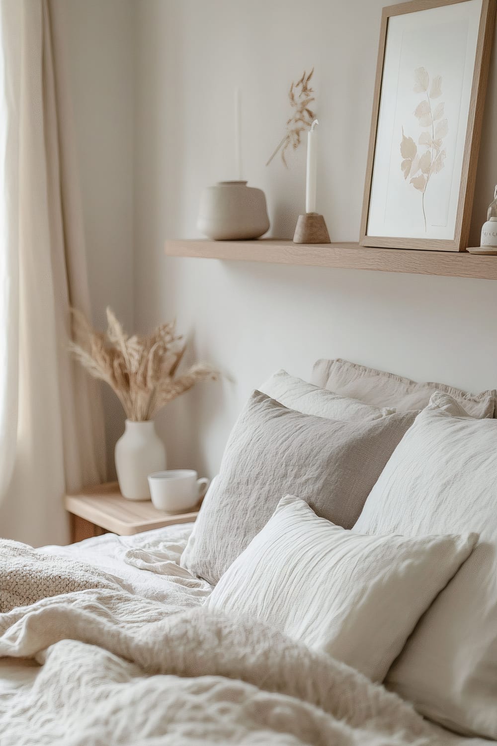 A serene bedroom space is styled in neutral tones of beige, white, and soft browns. The well-made bed has multiple textured pillows and a cozy blanket. A floating wooden shelf above the bed holds minimalist decor, including a ceramic vase, tapered candles, and framed botanical artwork. On the left, a bedside table bears a white vase with dried ornamental grasses, a white mug, and additional decor pieces. Soft, light-filtering curtains are partly visible to the left, contributing to the room's tranquil atmosphere.