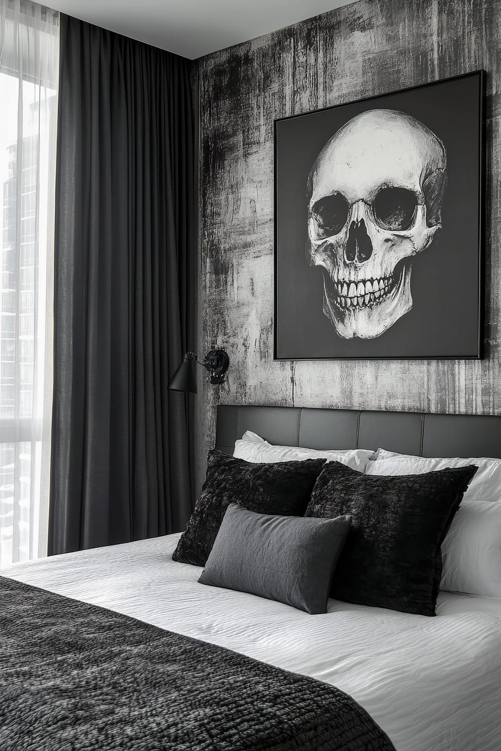 A modern bedroom with a monochrome color scheme, featuring a large skull art piece on the wall above the headboard. The bedroom includes a bed with black and white linens, and dark-colored cushions. The room has dark curtains and focused lighting that highlights the skull artwork on the textured wall behind the bed.