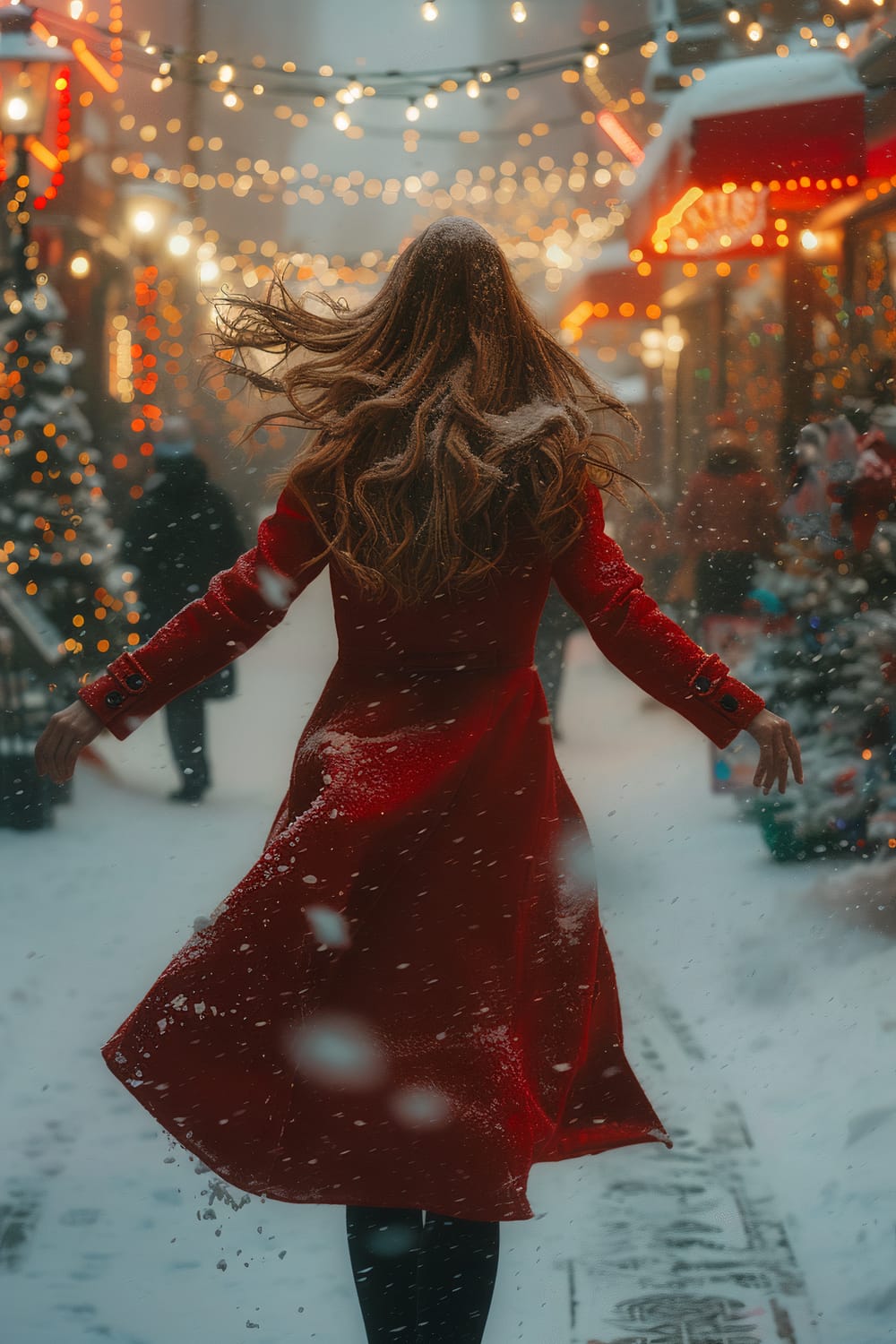 A woman in a red coat is seen from behind, twirling in a snow-covered street lined with festive lights and decorations. Snowflakes gently fall around her, creating a magical atmosphere. The street is lined with Christmas trees and illuminated shop signs, while other people can be seen in the background, some blurred by the evening glow.