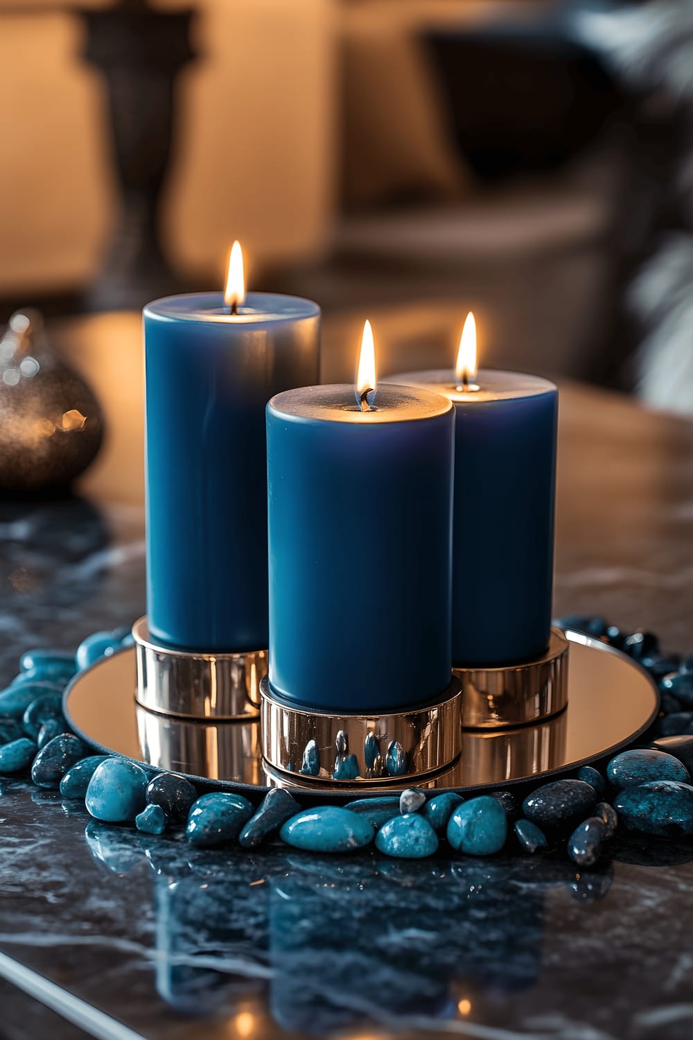 A sophisticated dining table centerpiece consisting of three candle holders of varying heights housing cobalt blue candles, set on a mirrored brass base. Teal pebbles and small brass accents circle the centerpiece on a dark marble table. Overhead lighting reflects off the metallic pieces and candles, enhancing the vibrant colors and sophisticated feel.