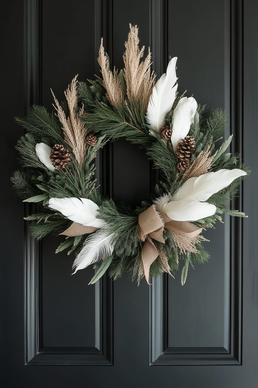 A traditional round wreath made of muted green foliage, white feathers, beige burlap accents, and pinecones, mounted on a sleek matte black door.