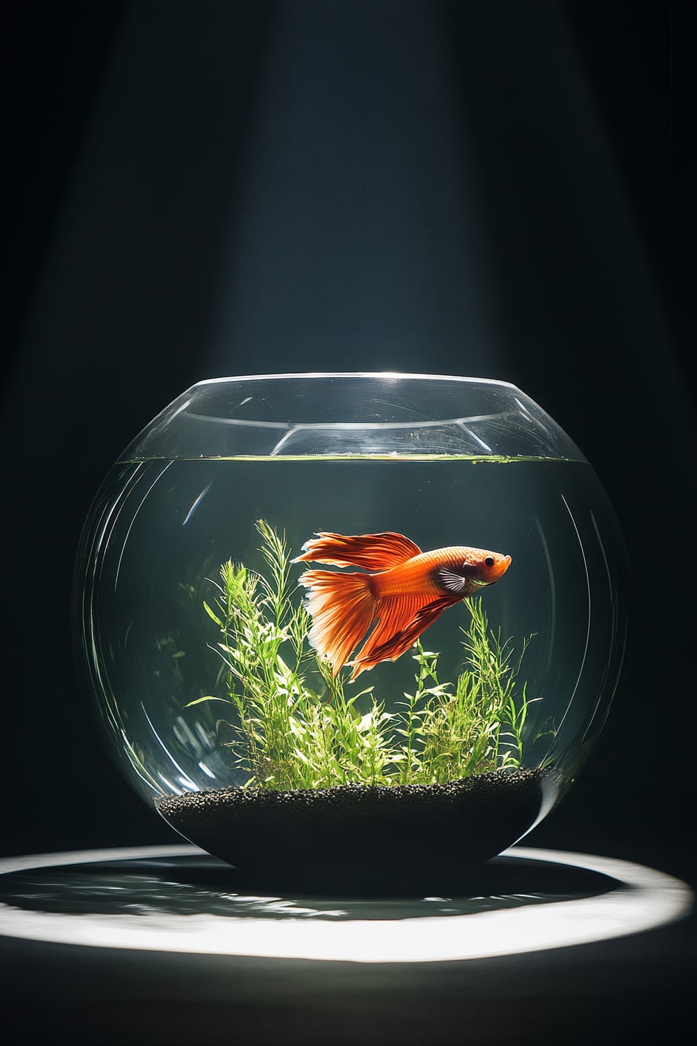 An orange Betta fish swimming in a spherical glass fishbowl with green aquatic plants and black gravel at the bottom. The fishbowl is illuminated by a focused beam of light from above, creating a dramatic spotlight effect against a dark background.