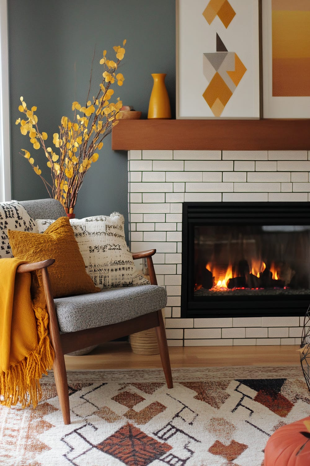 An inviting interior scene featuring a modern fireplace with a tiled hearth and a wooden mantle. The walls are painted a cool shade of grey, adorned with abstract geometric artwork in warm yellows and greys. A mid-century style armchair with grey upholstery is positioned beside the fireplace, accented by mustard-yellow cushions and a cozy throw. A tall vase of autumnal branches adds a touch of natural decor, and an area rug with a geometric pattern completes the space.