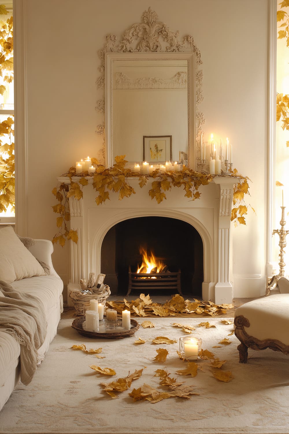 An elegantly decorated living room with a lit fireplace and autumn leaves scattered on the floor and mantelpiece. Multiple white candles are placed on the mantel and floor, creating a warm, inviting atmosphere. A large ornate mirror hangs above the fireplace, reflecting the soft lighting. The furniture includes a light-colored sofa with throw pillows and a cushioned chair with wooden legs.