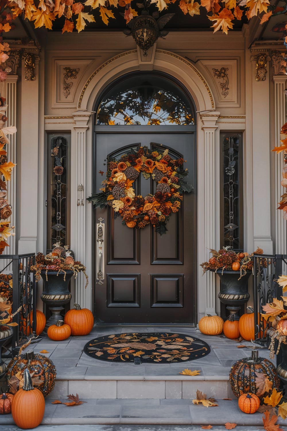 An ornate front door adorned with an autumn-themed wreath featuring pinecones and orange flowers is framed by pilasters and a decorative arch. Two black planters flanking the entrance hold colorful fall arrangements, including pumpkins and foliage. Additional pumpkins of various sizes decorate the steps and ground, complemented by garland of fall leaves overhead. The entrance mat features an intricate leaf design, enhancing the seasonal decor.