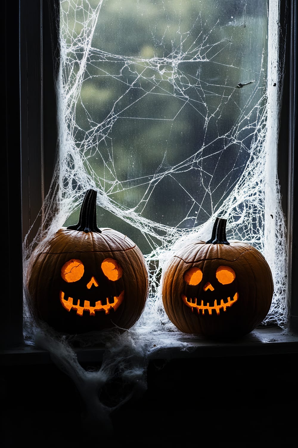 Two jack-o'-lanterns with glowing carved faces sit on a window sill covered in artificial cobwebs. The cobwebs stretch across the entire window, creating an eerie atmosphere. The light from outside is subtle, casting a dim, spooky ambiance over the scene.