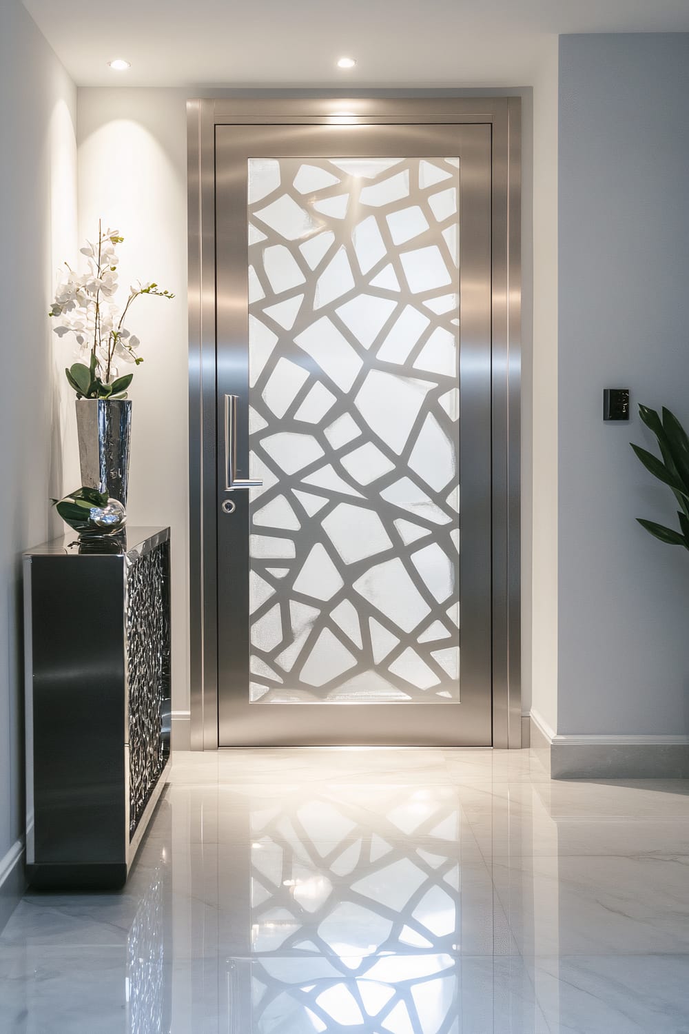 An aluminium door with a glossy chrome finish featuring abstract geometric patterns, set in a modern home entrance with white walls and a sleek console table with a metallic vase holding white flowers.